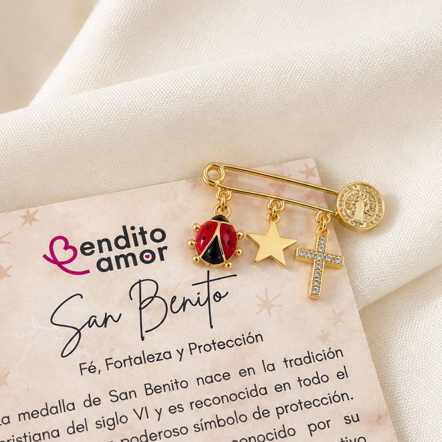 Prendedor protección oro San Benito protección y chinita de la buena suerte-1