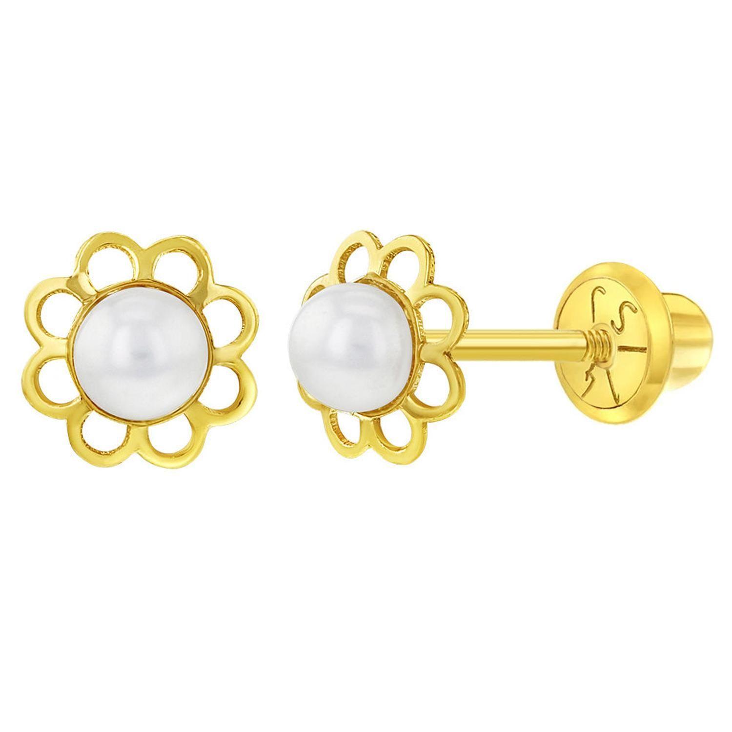 Aros de flor de oro 14k con perla de río-0
