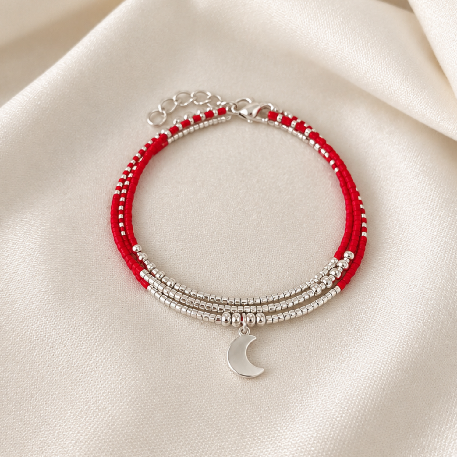 Maxi Pulsera Miyuki Roja con Luna de Plata — 3 en 1: pulsera, collar o tobillera-0