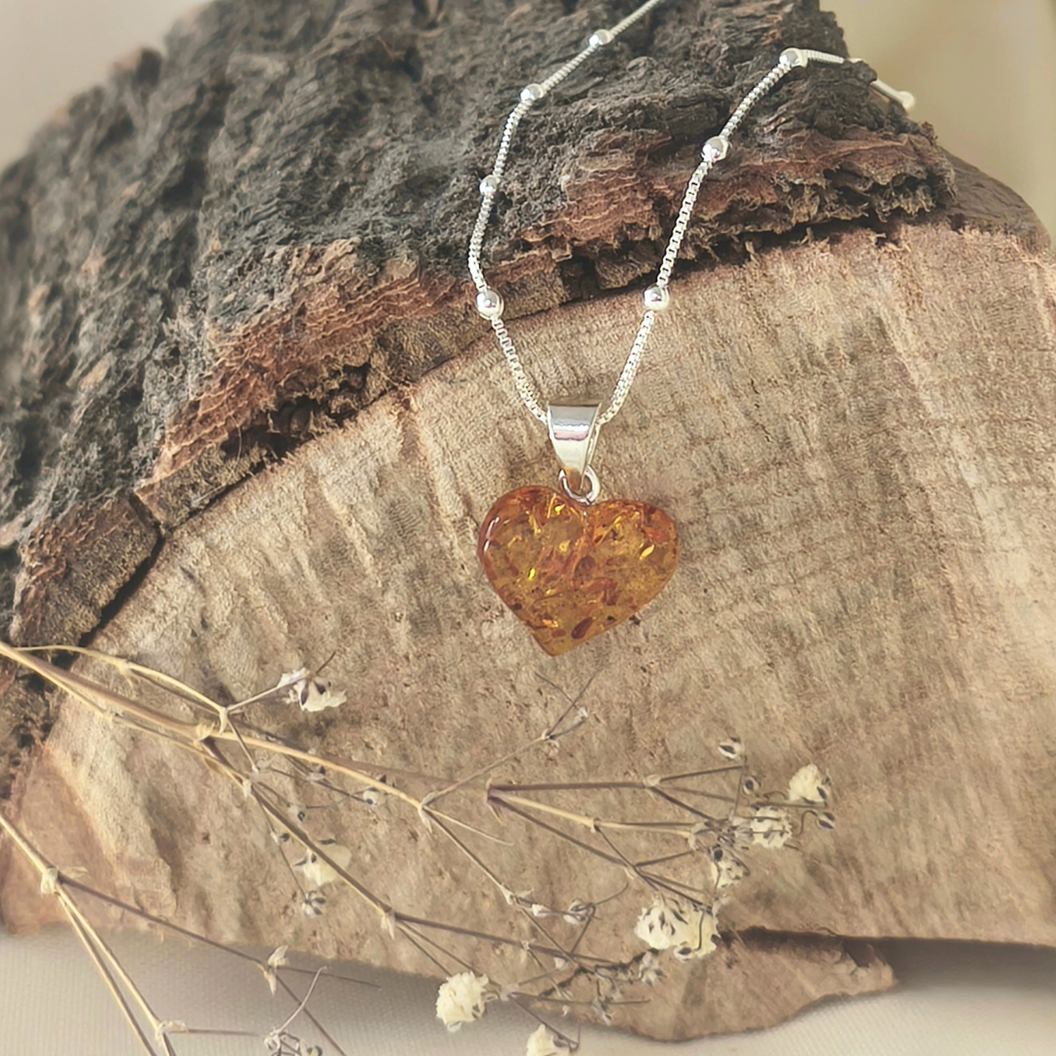 Corazón ámbar báltico con cadena de plata 925-1