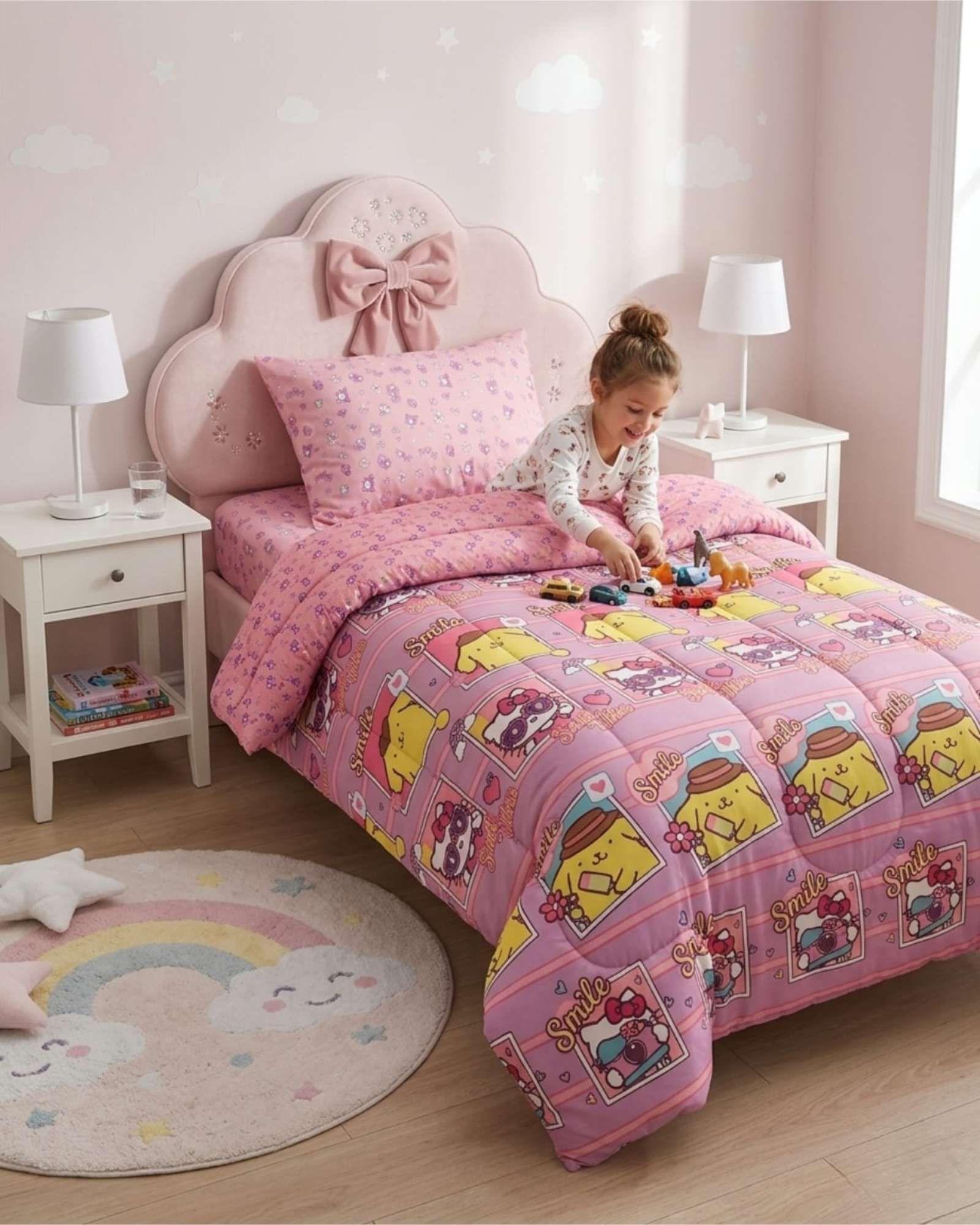 Cubrecama Infantil Rosado con Funda Diseño Flores y Gráficos-0