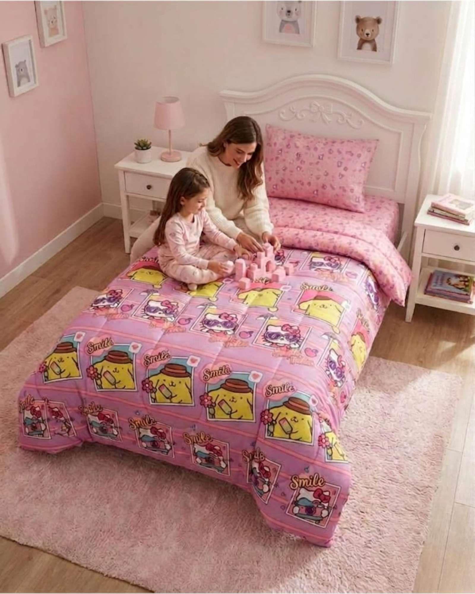 Cubrecama Infantil Rosado con Funda Diseño Flores y Gráficos-1