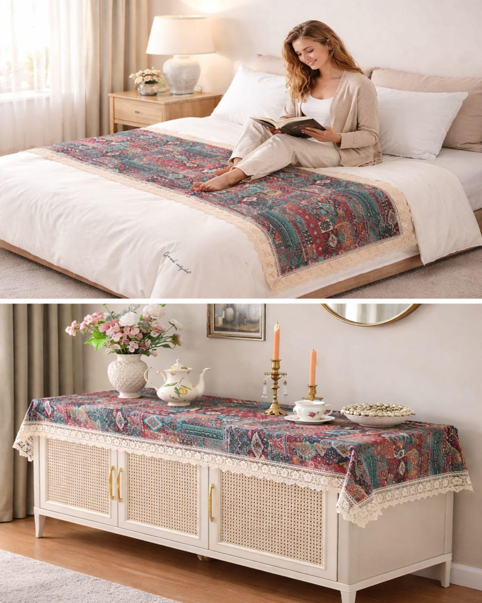 Piecera de Cama Estampado Natural Chic Con Encaje 80x200cm m3-3
