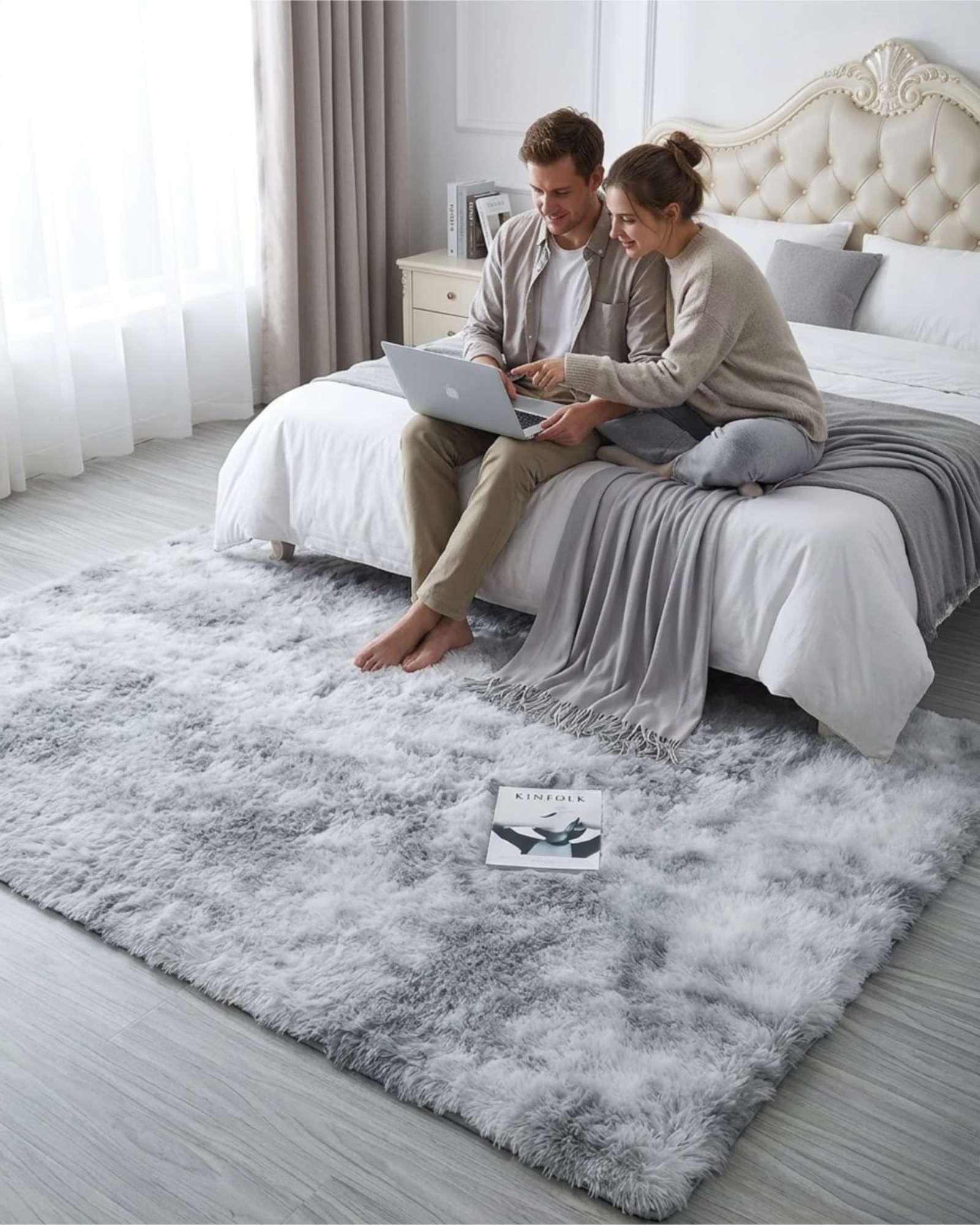 Alfombra Shaggy Peluda Extra Suave VERANO / INVIERNO 300 x 200 cm  Blanco y Gris-3