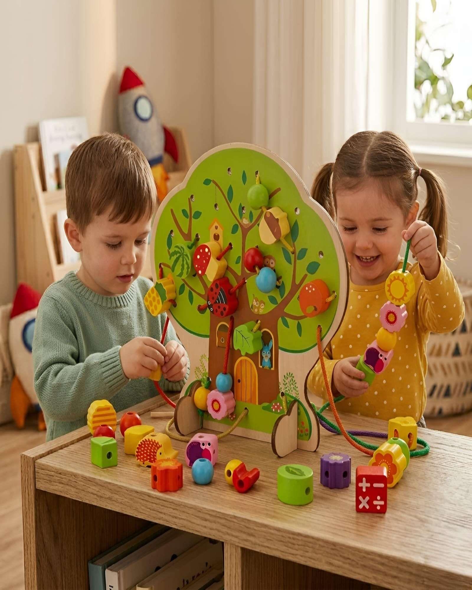 Juego de Enhebrado de Madera Árbol Montessori con Piezas de Frutas y Animales-0