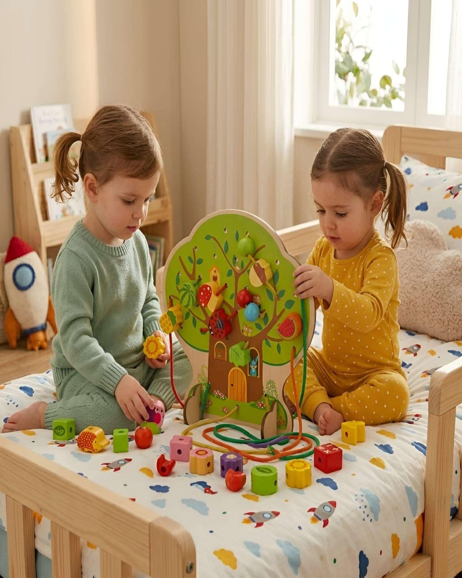 Juego de Enhebrado de Madera Árbol Montessori con Piezas de Frutas y Animales-2
