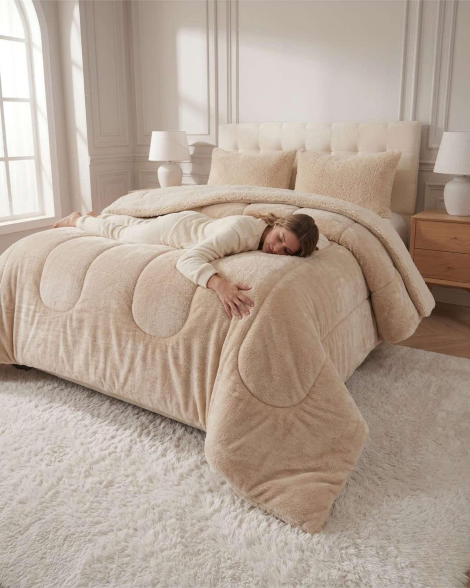 Cubrecama de Plush con Chiporro Diseño Ondas 2 plazas beige-3