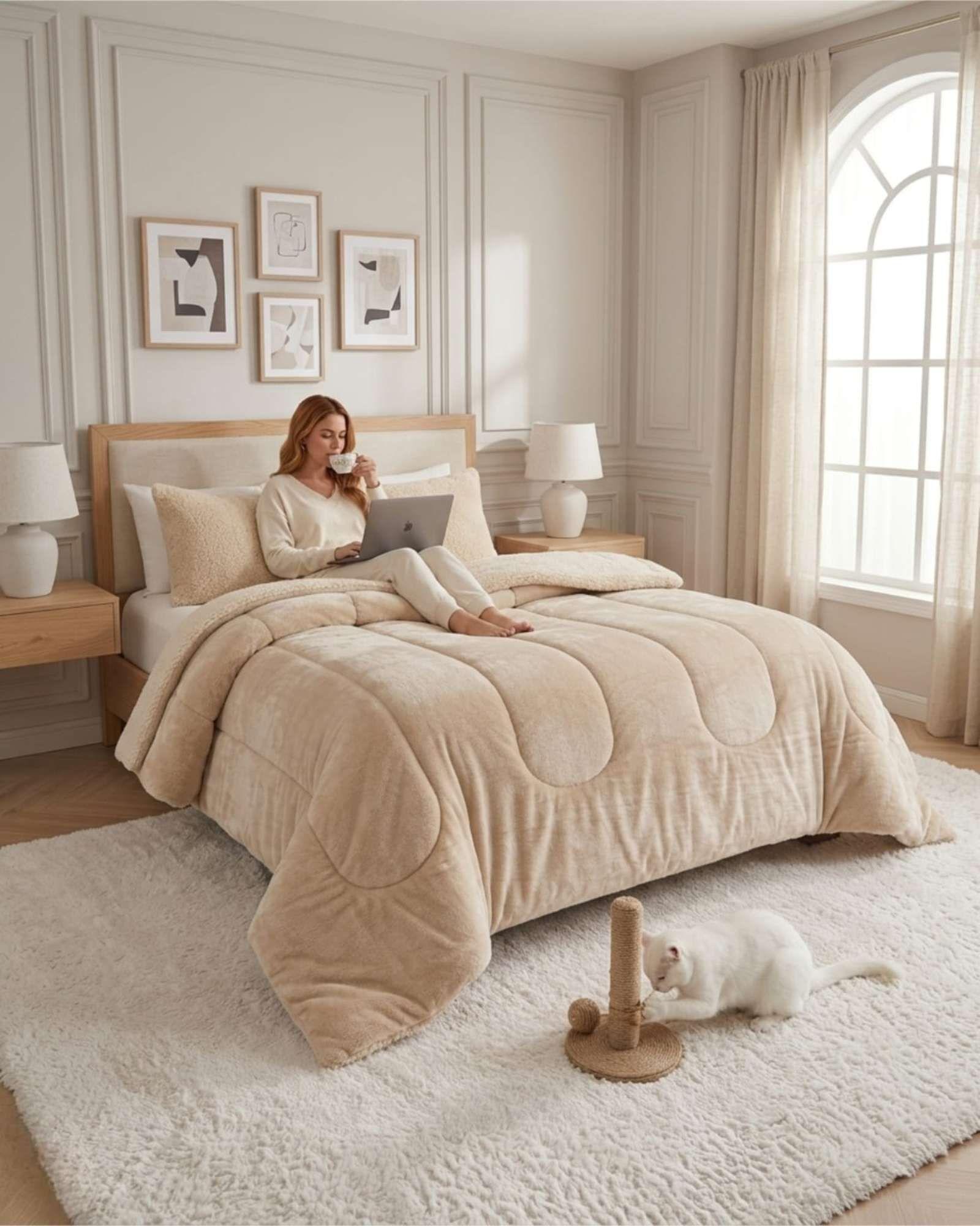 Cubrecama de Plush con Chiporro Diseño Ondas 2 plazas beige-4