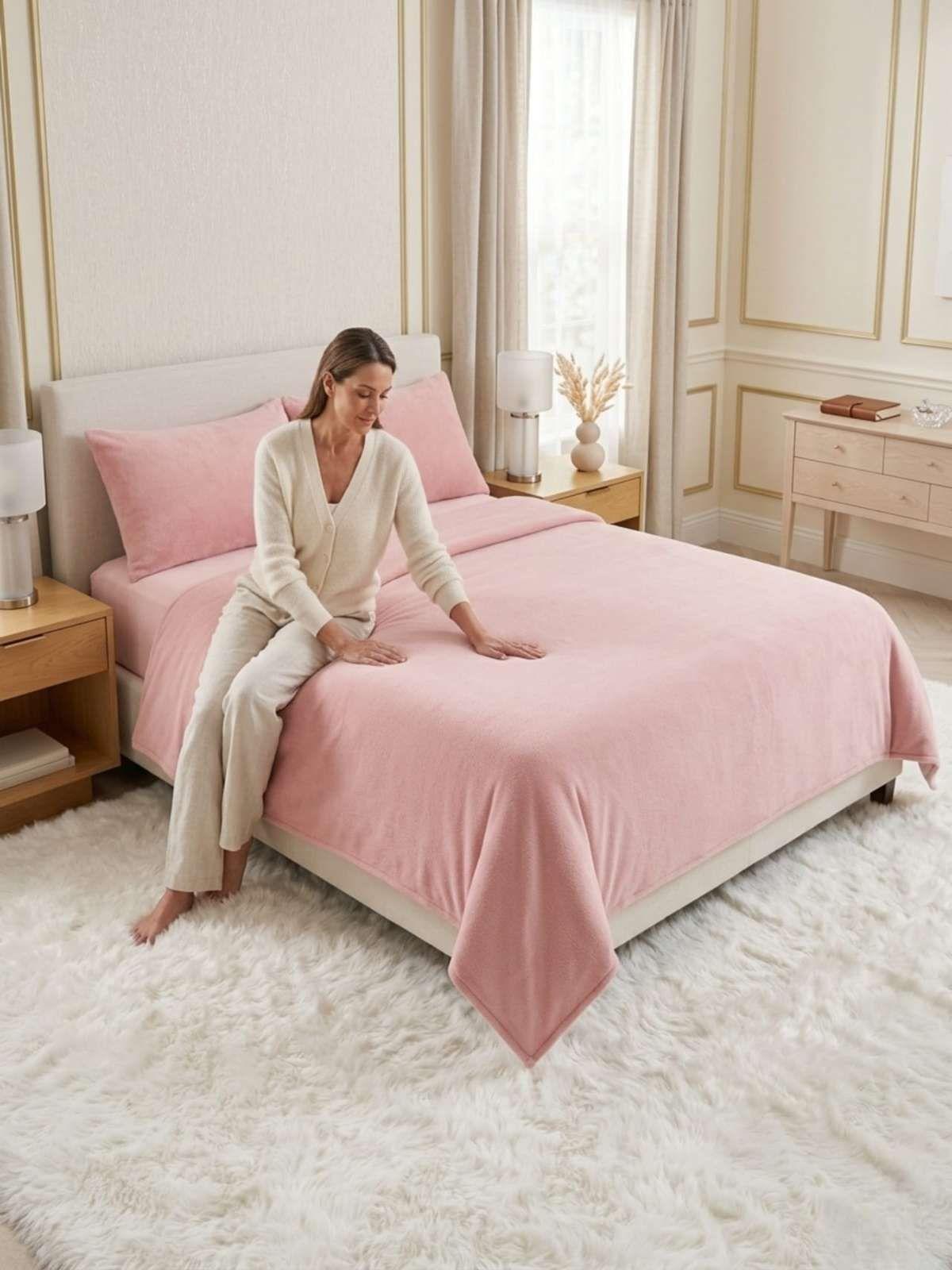 Sábanas Térmicas de polar Esponjosa King Tacto Suave rosa-0