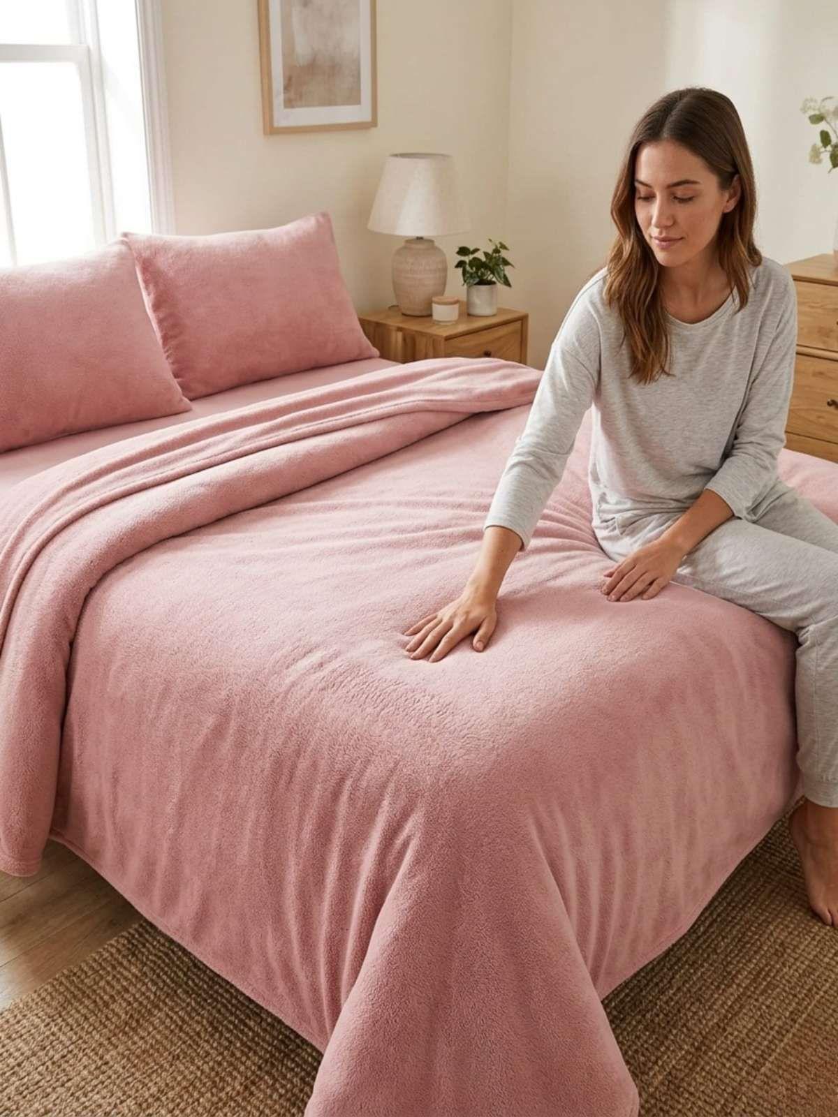 Sábanas Térmicas de polar Esponjosa King Tacto Suave rosa-1