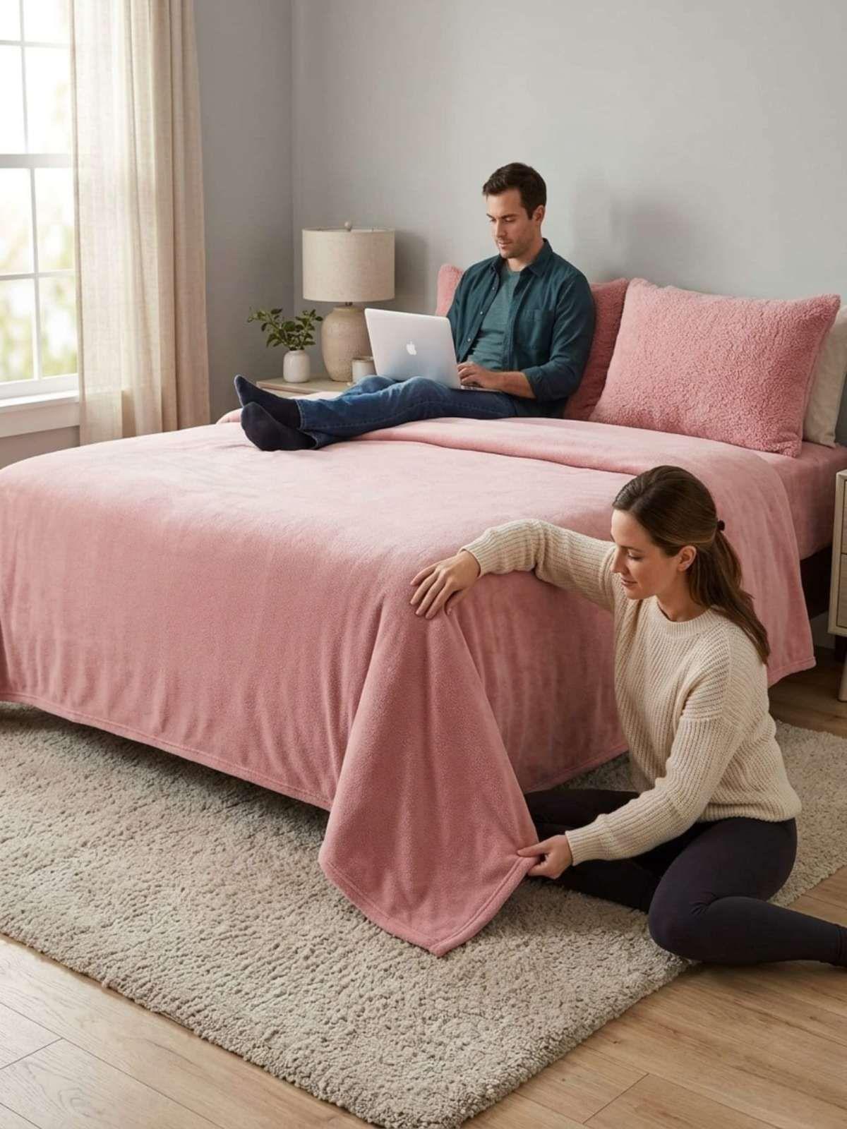 Sábanas Térmicas de polar Esponjosa King Tacto Suave rosa-3