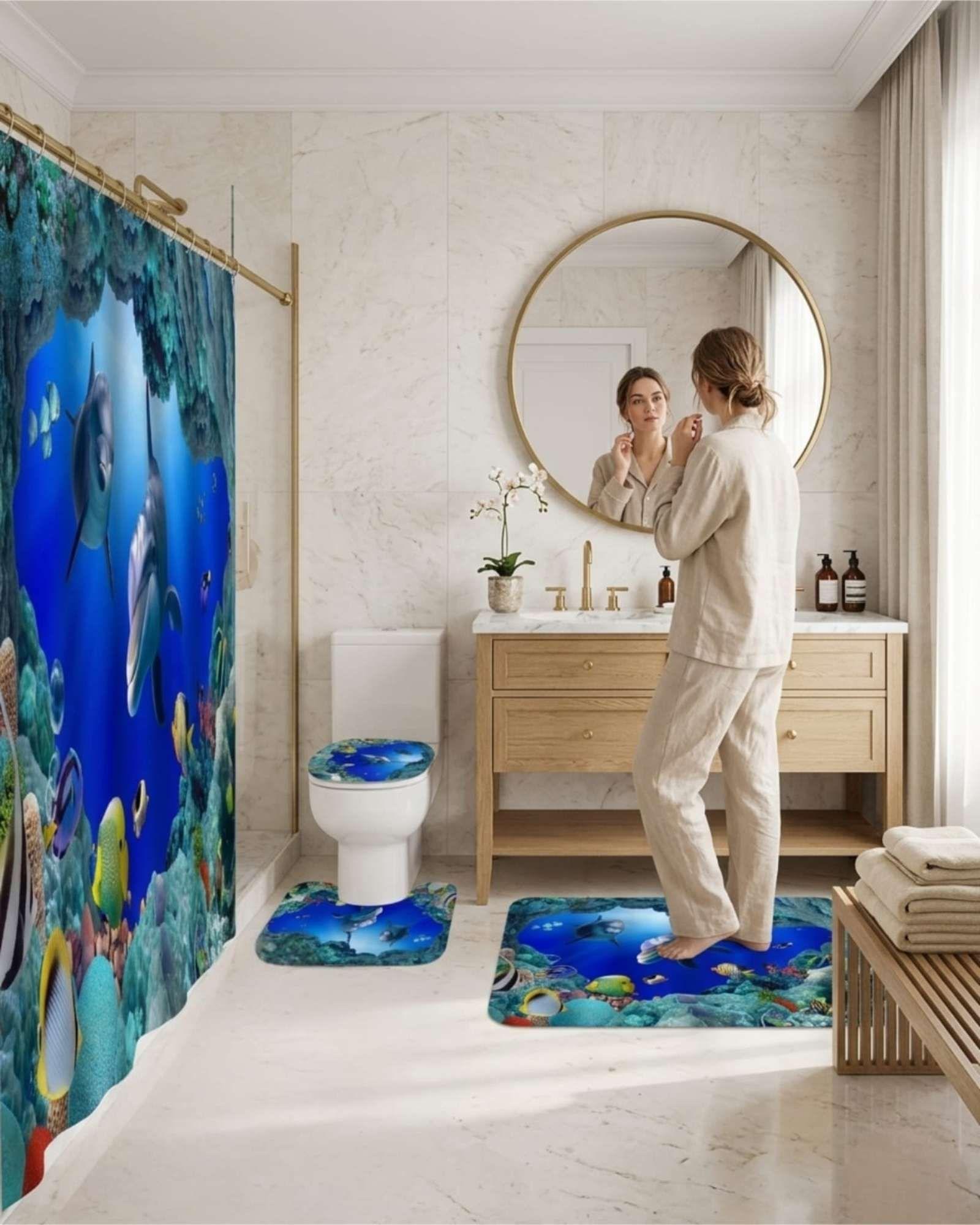 Juego De Baño 4 Piezas Cortina Mas alfombras Y Funda De Inodoro m3-3