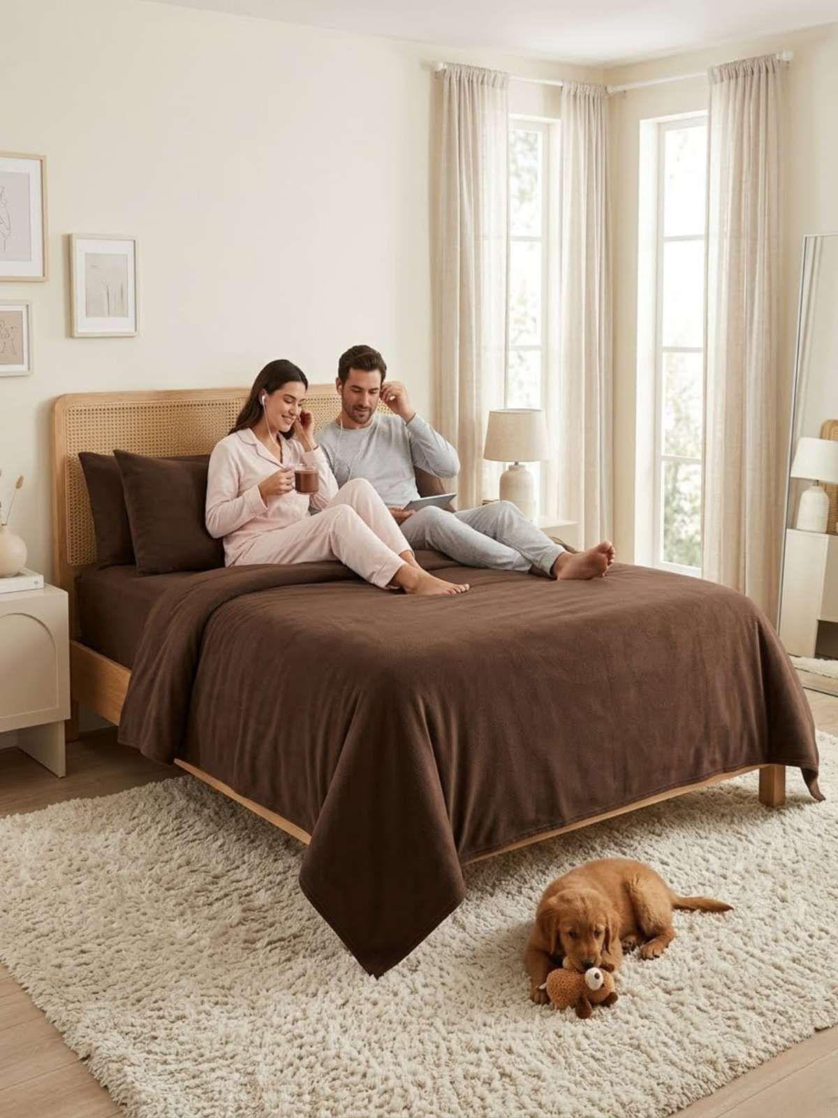 Sábanas Térmicas de polar Esponjosa King Tacto Suave marron-1