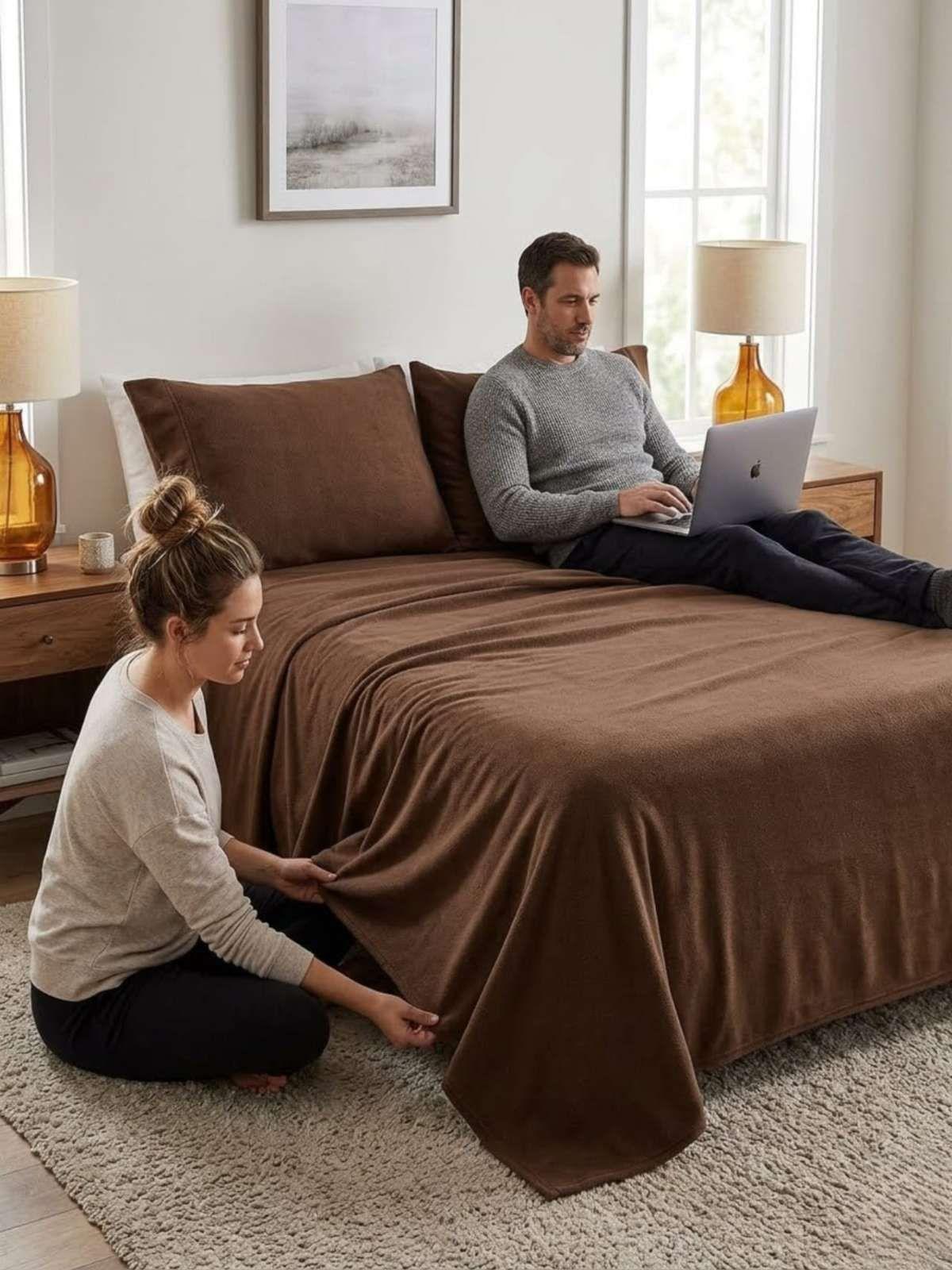 Sábanas Térmicas de polar Esponjosa King Tacto Suave marron-3