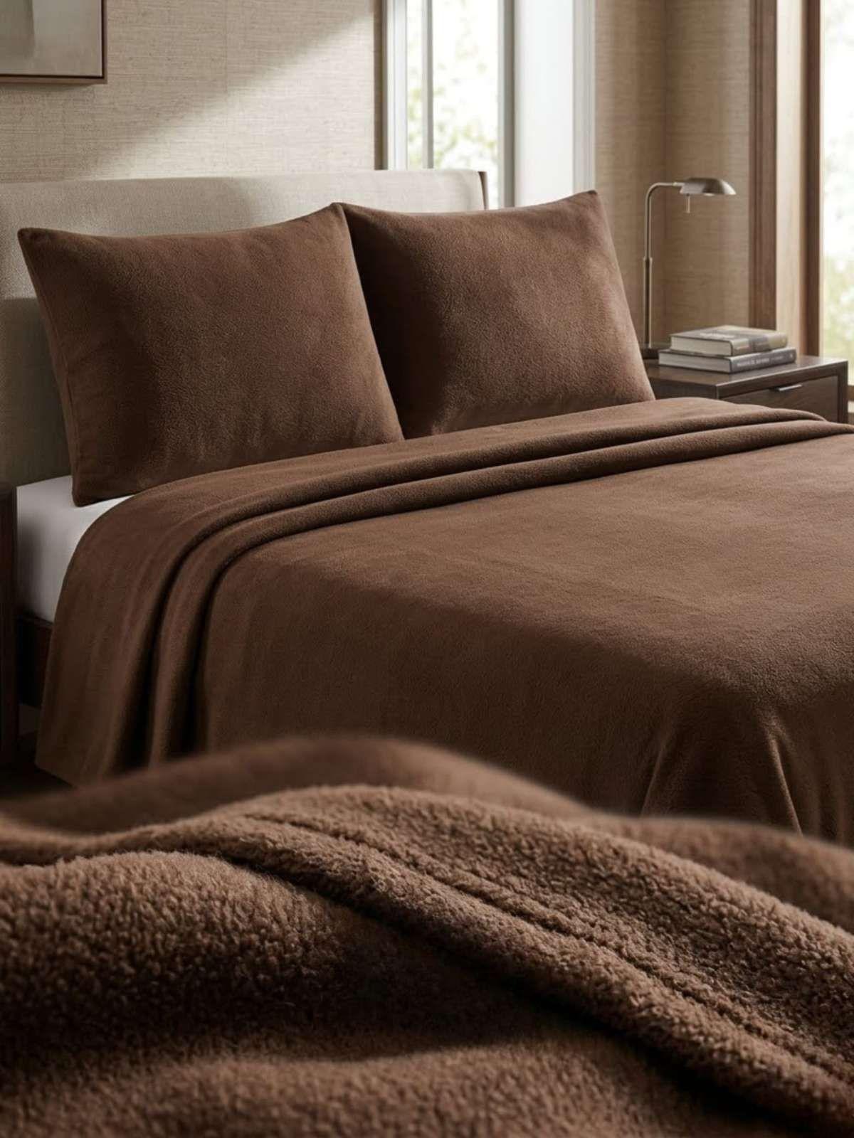 Sábanas Térmicas de polar Esponjosa King Tacto Suave marron-4