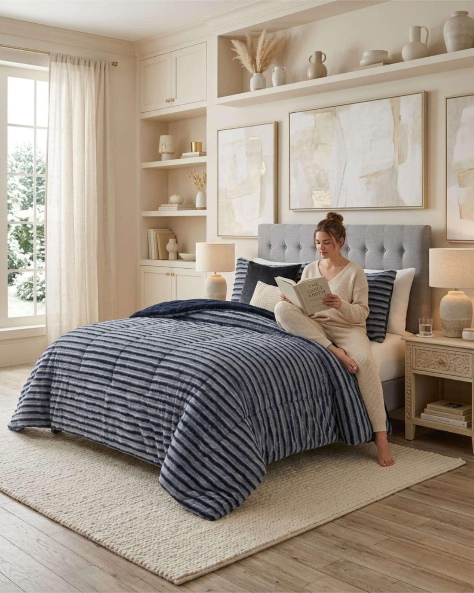 Cubrecama Chiporro 2 plazas Diseño Pana Moderno  "Doble textura, doble suavidad" azul-3