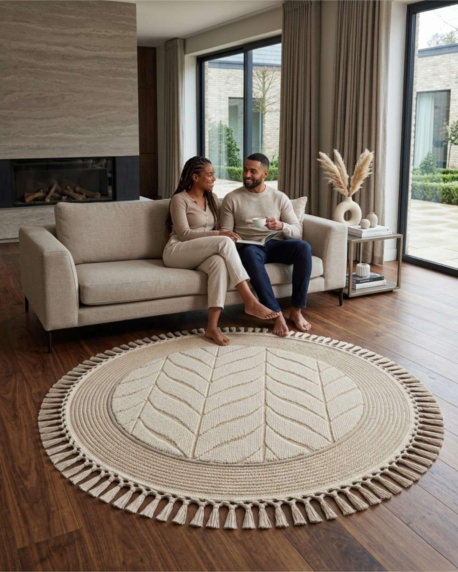 Alfombra Redonda Boho Chic 1m - Textura Hojas y Flecos m1-0