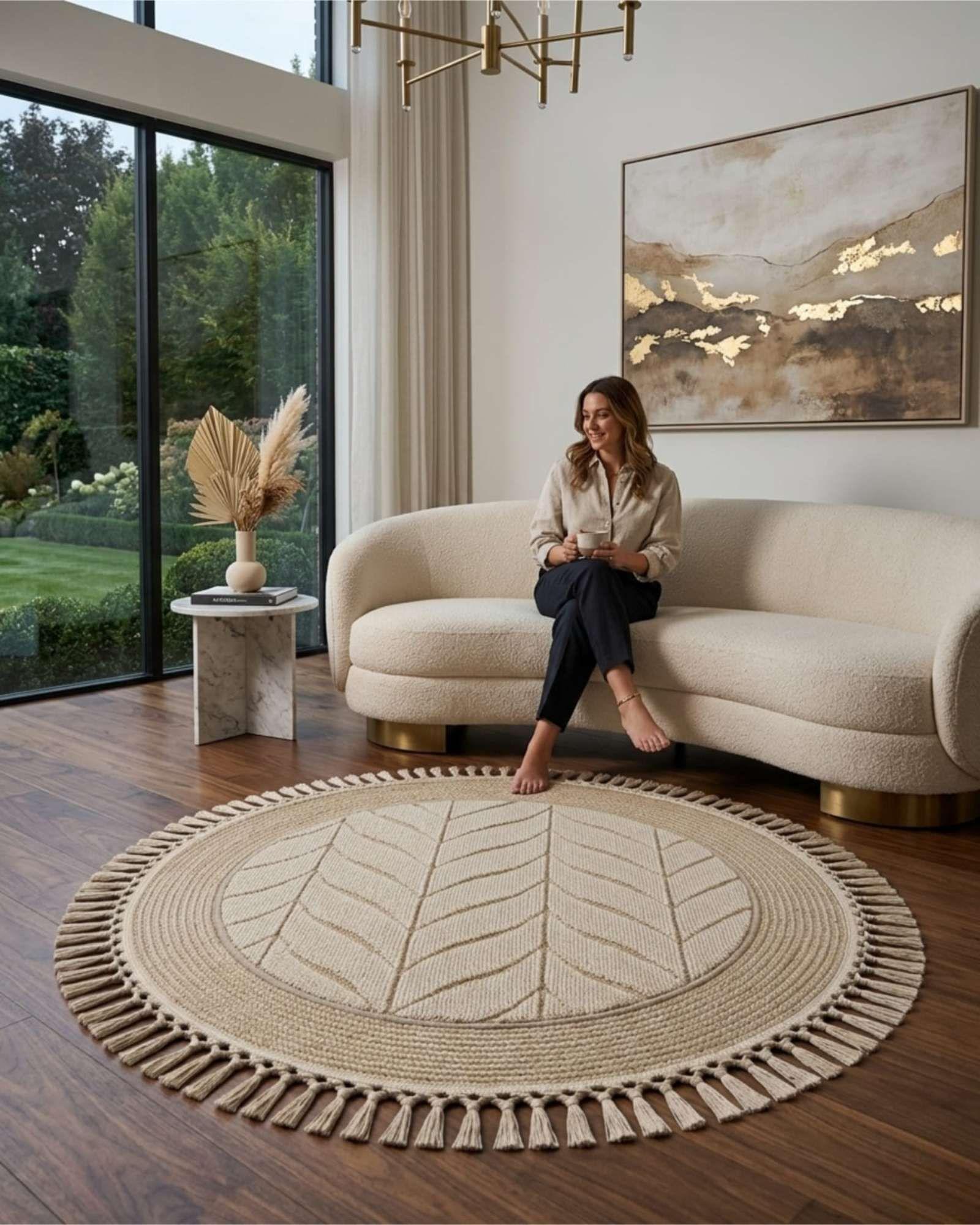 Alfombra Redonda Boho Chic 1m - Textura Hojas y Flecos m1-1