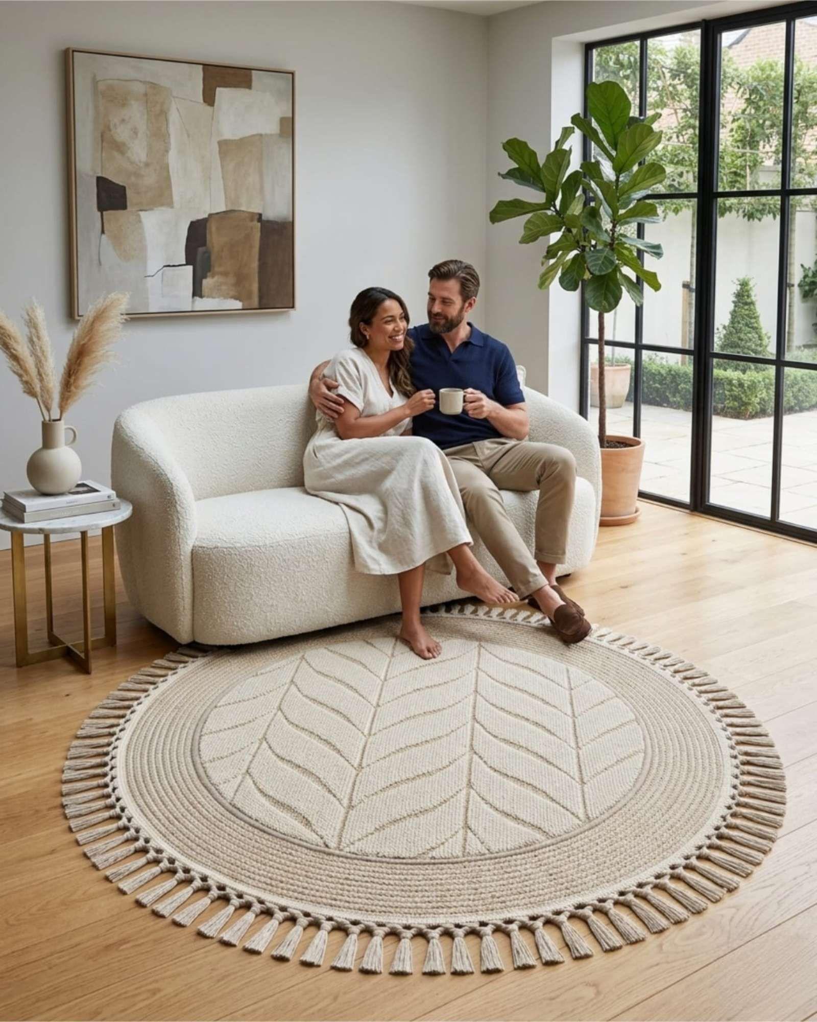 Alfombra Redonda Boho Chic 1m - Textura Hojas y Flecos m1-2