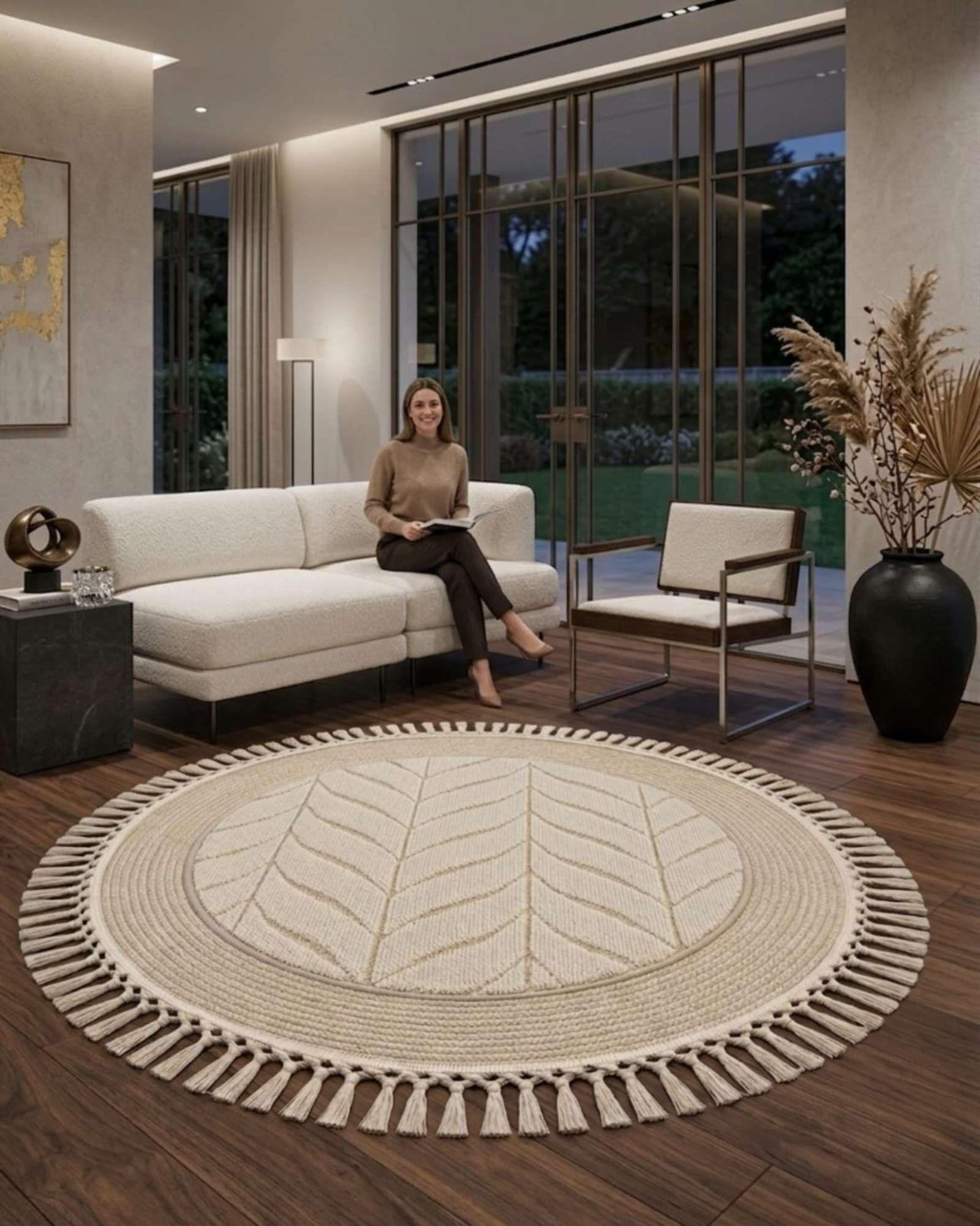 Alfombra Redonda Boho Chic 1m - Textura Hojas y Flecos m1-3