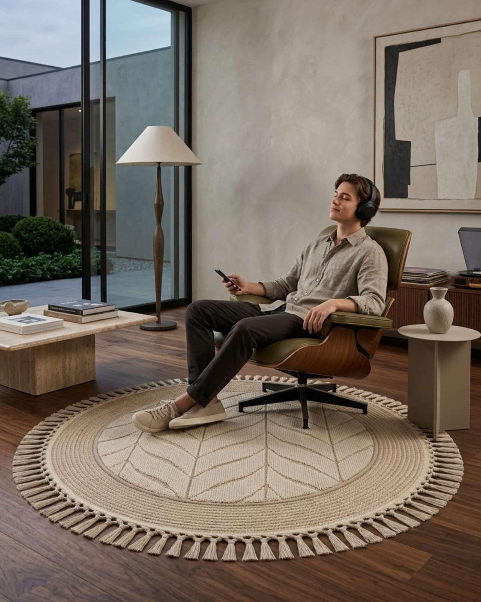 Alfombra Redonda Boho Chic 1m - Textura Hojas y Flecos m1-4