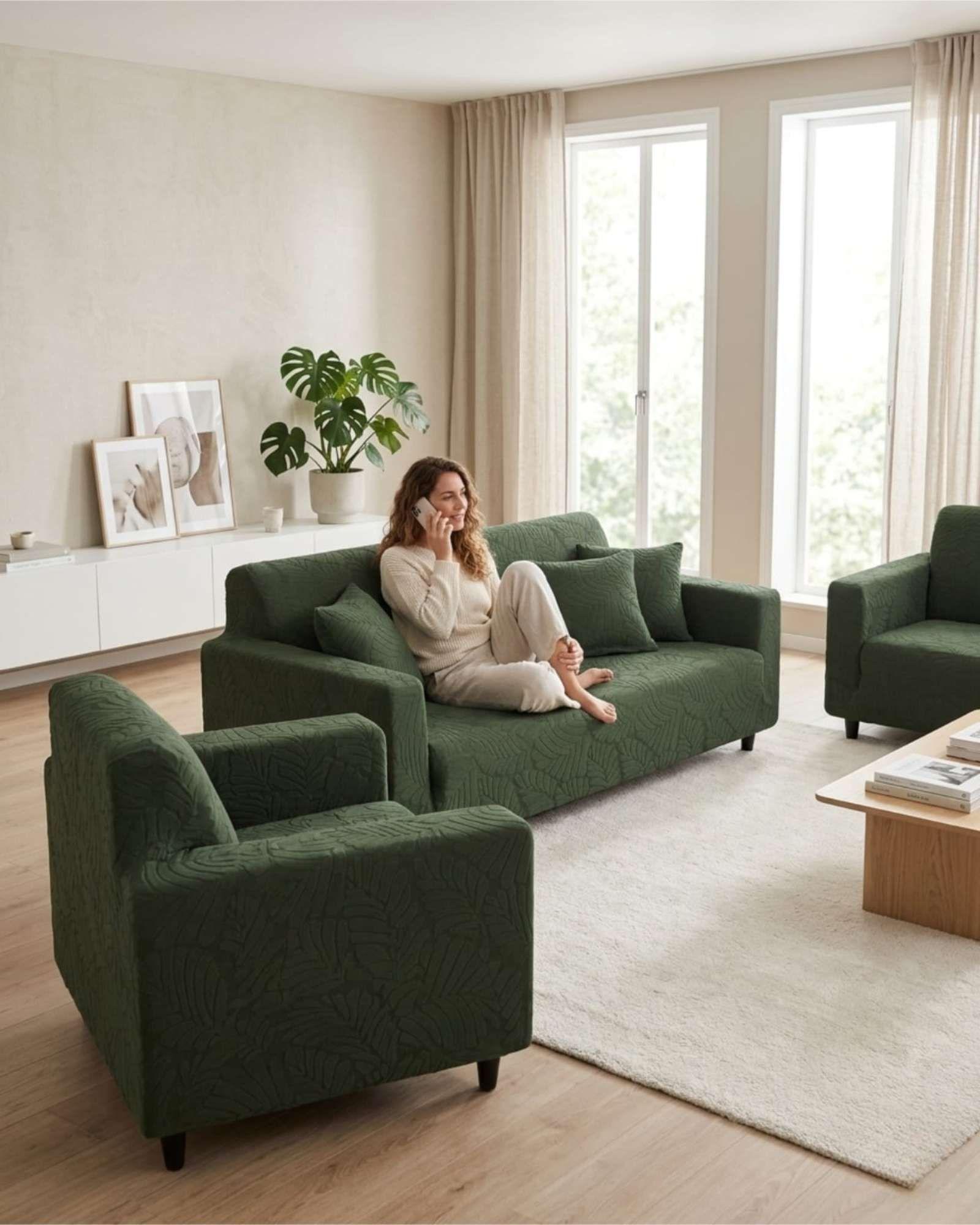 Set de Fundas Elásticas para Living 3+1+1 Diseño Hojas A6-2