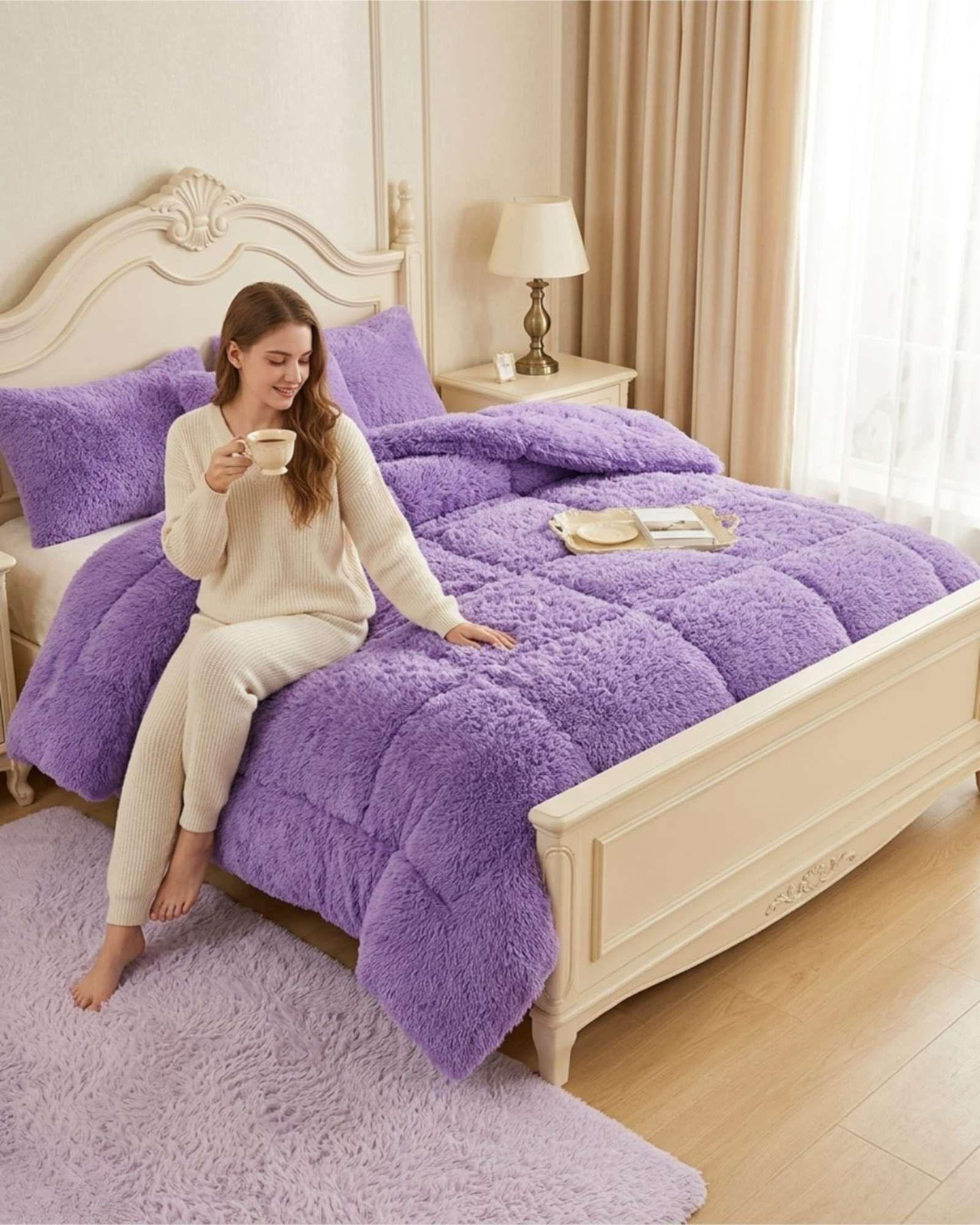 Plumón Pelo Largo 2 Plazas Acolchado Invierno + Fundas blanco-3