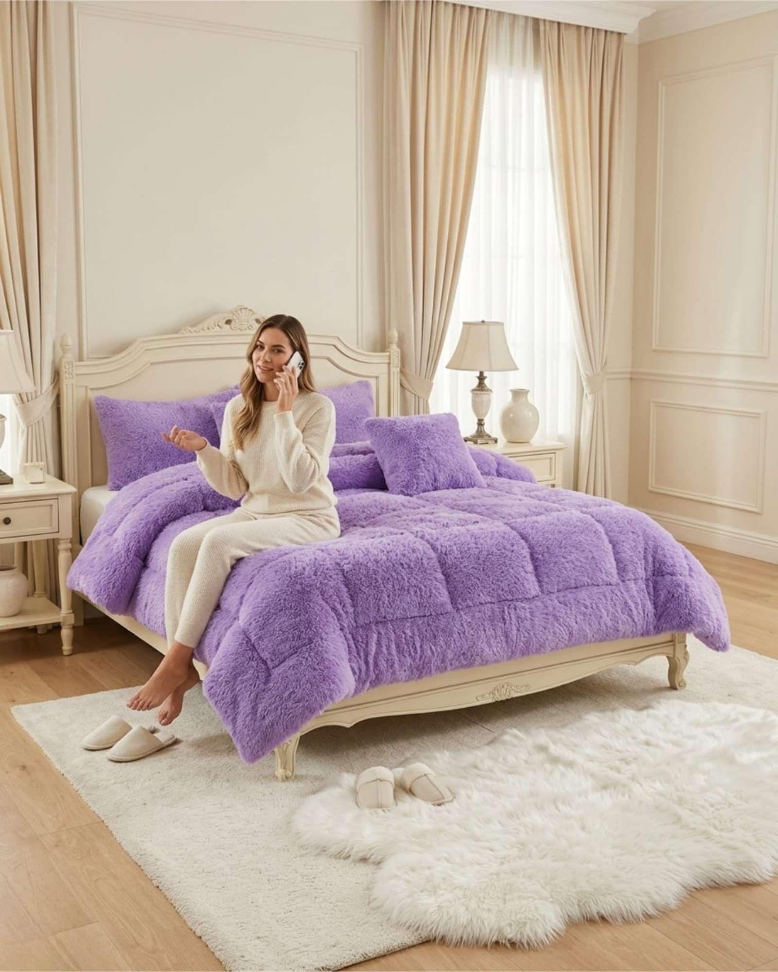 Plumón Pelo Largo 2 Plazas Acolchado Invierno + Fundas blanco-4