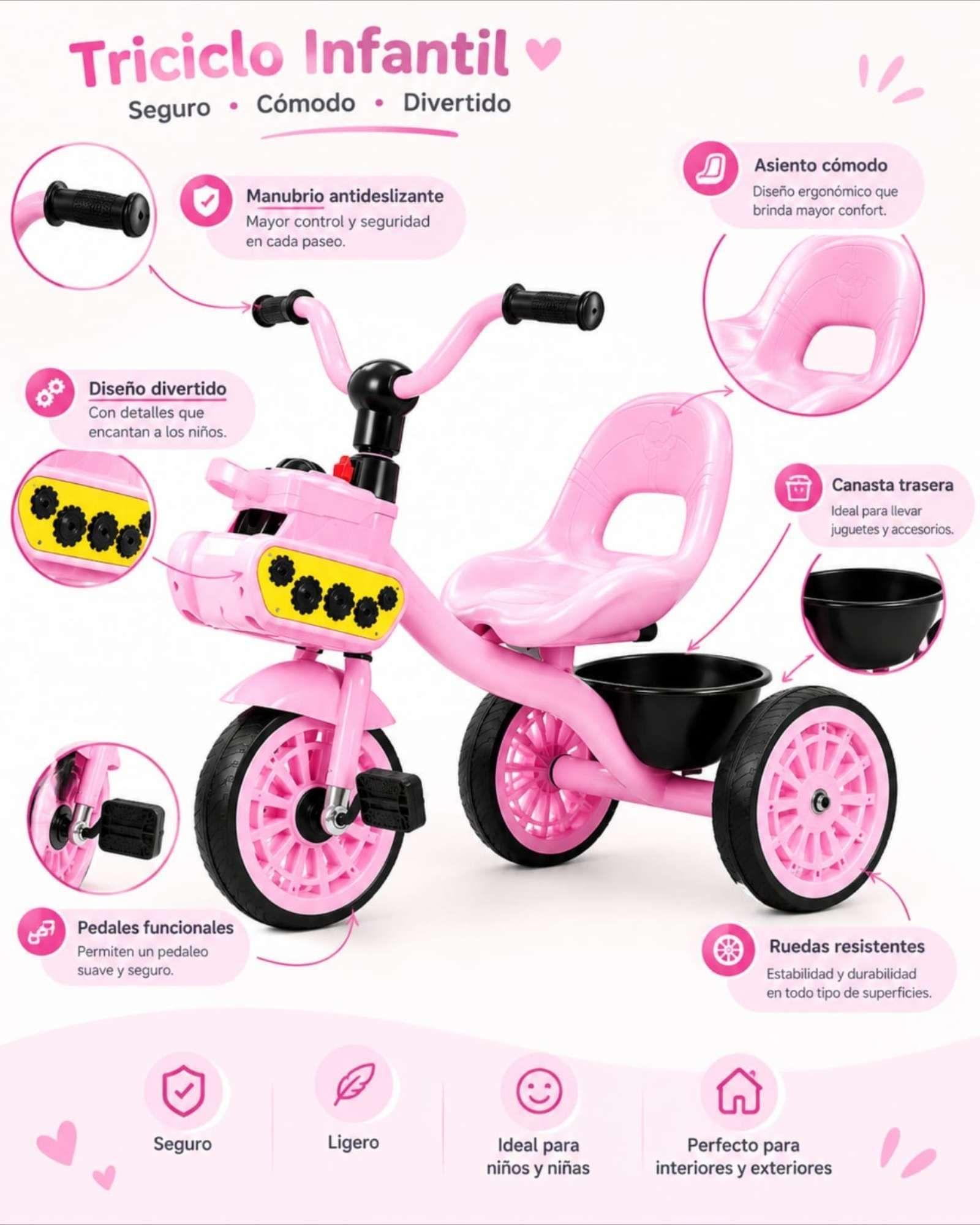 Triciclo Infantil Con Pedales Asiento Ergonomico Y Canasto-3