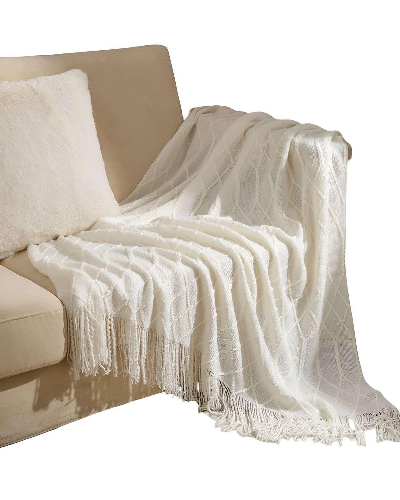 Mantas para sofas camas u oficinas con Flecos 127x152 cm Blanco-0