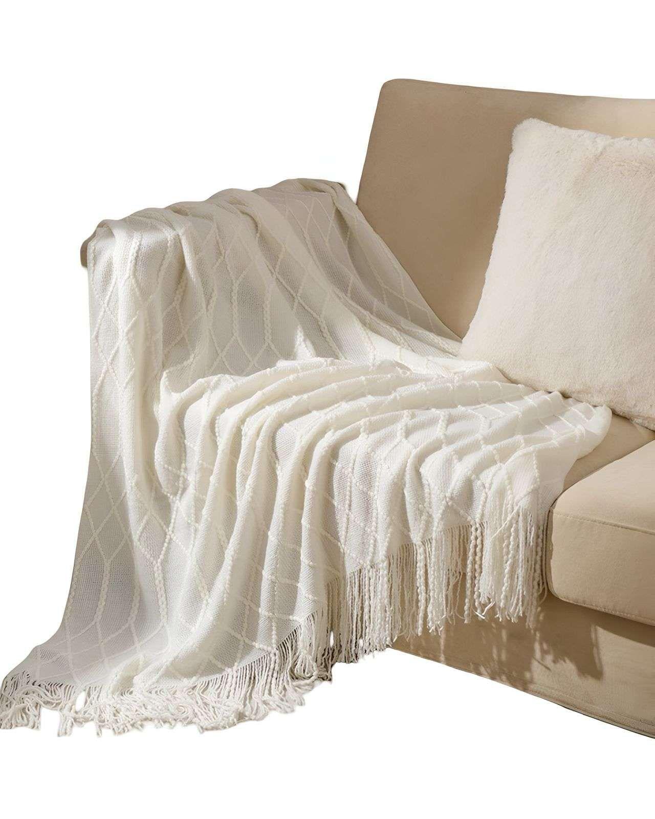 Mantas para sofas camas u oficinas con Flecos 127x152 cm Blanco-1
