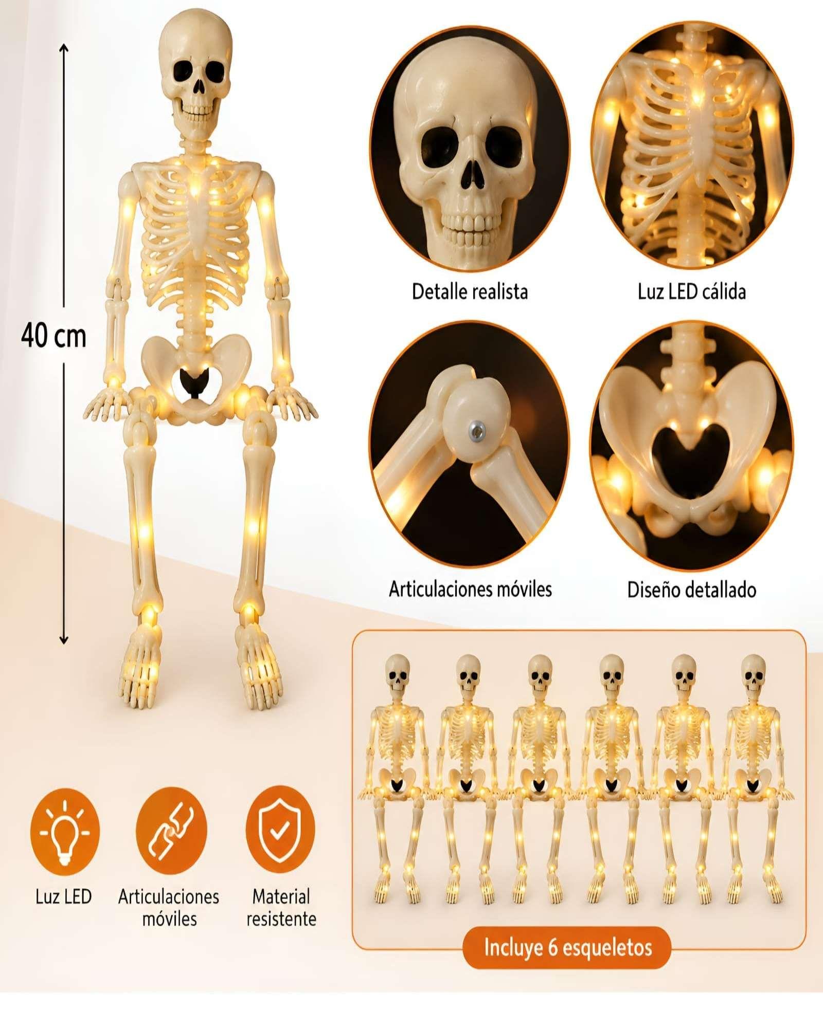 Pack x6 Esqueletos Decorativos Articulados de 40 cm con Luces LED para Halloween-3
