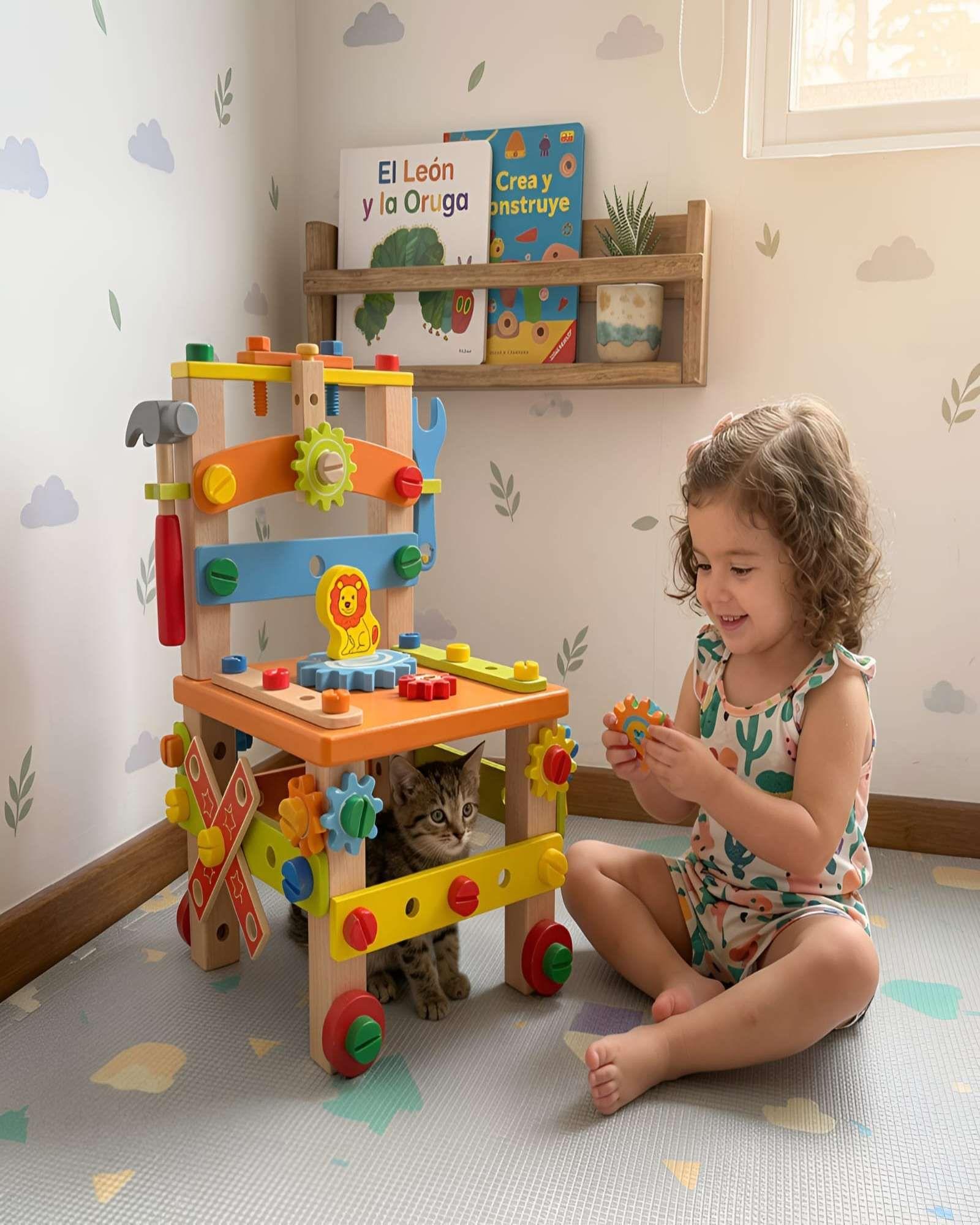 Silla de Actividades y Banco de Herramientas de Madera Montessori 2 en 1-3