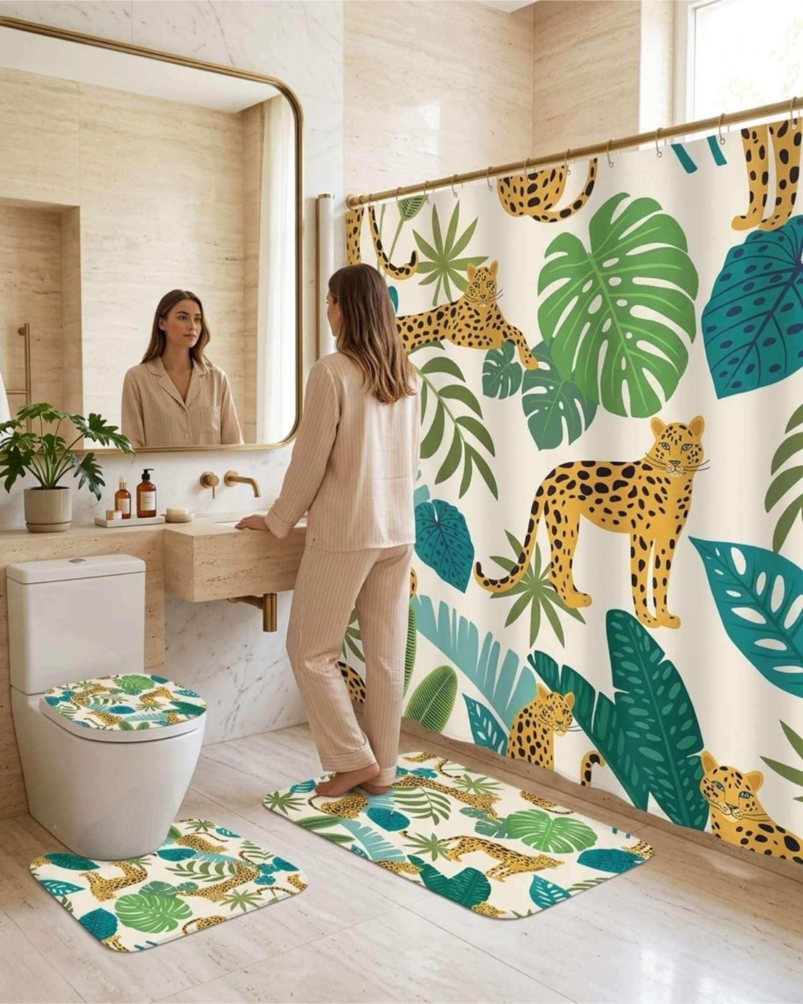 Juego De Baño 4 Piezas Cortina Mas alfombras Y Funda De Inodoro m5-1