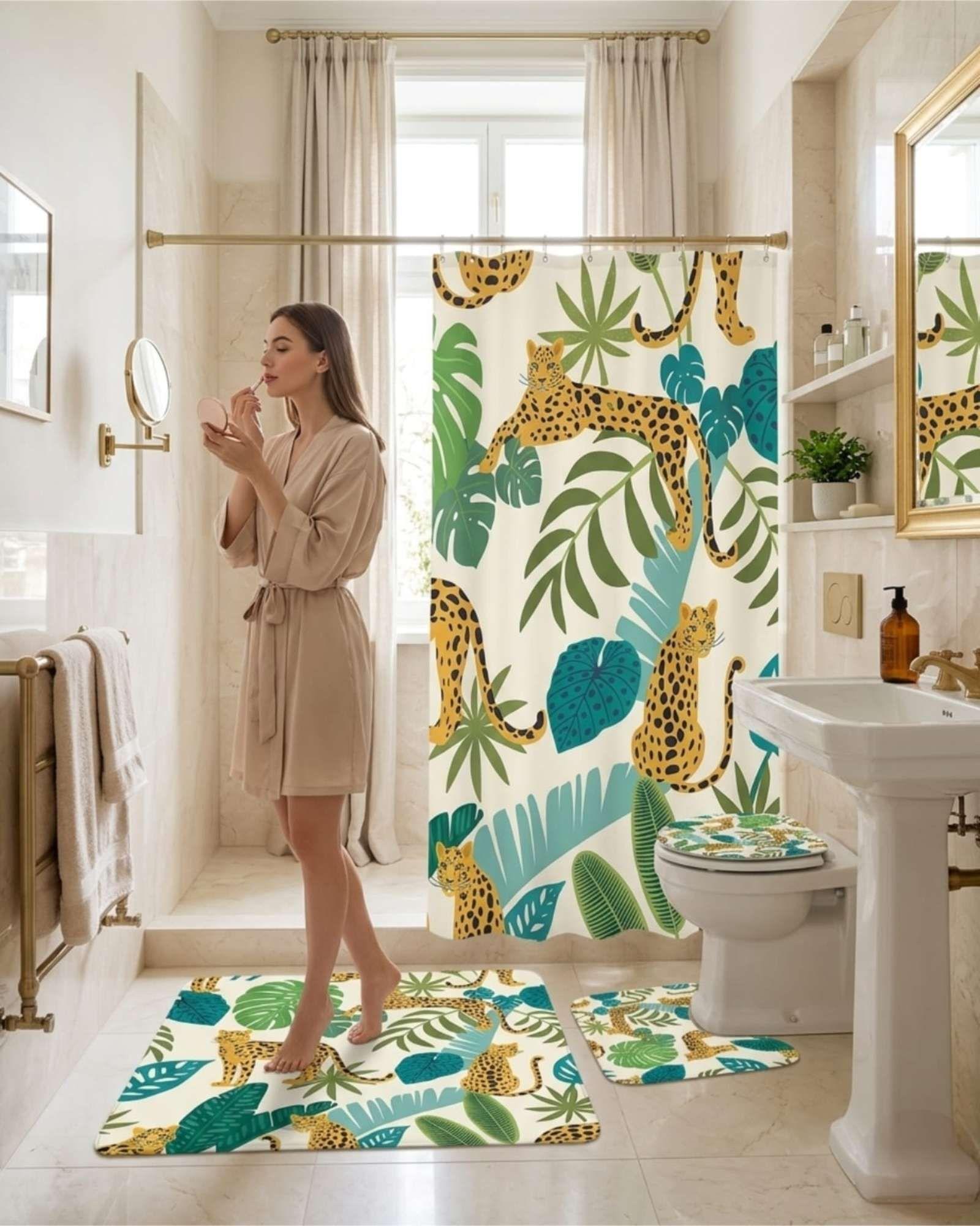 Juego De Baño 4 Piezas Cortina Mas alfombras Y Funda De Inodoro m5-2