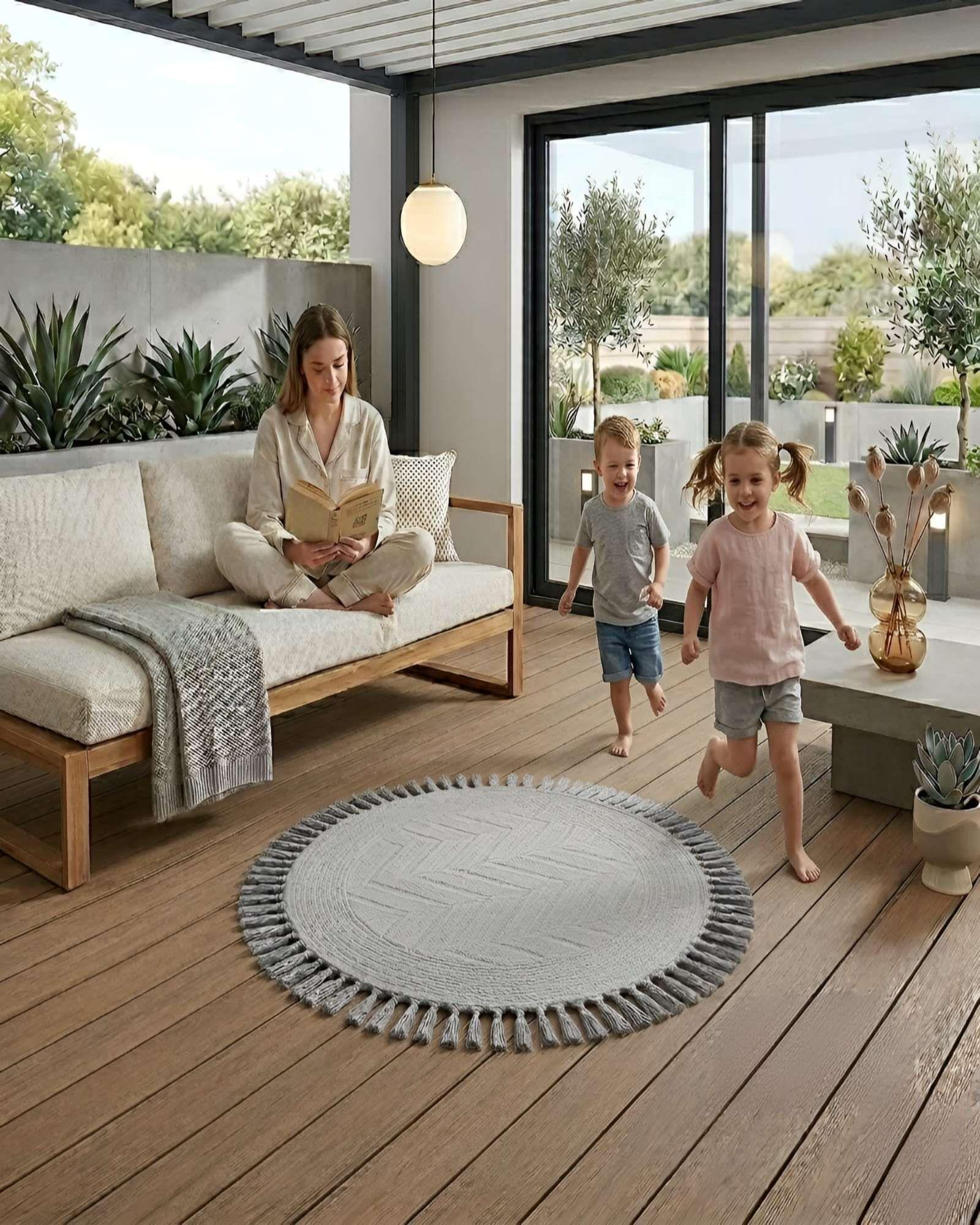 Alfombra Redonda Con Relieve Y Flecos Decorativa A4-2