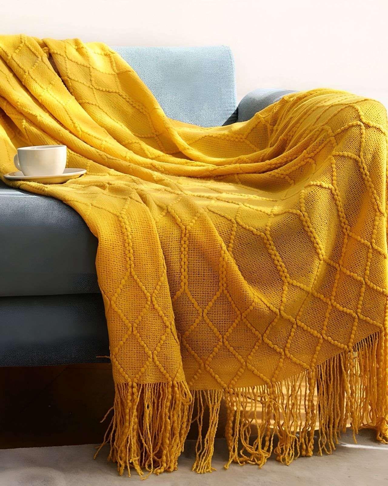 Mantas para sofas camas u oficinas con Flecos 127x152 cm Amarillo-3