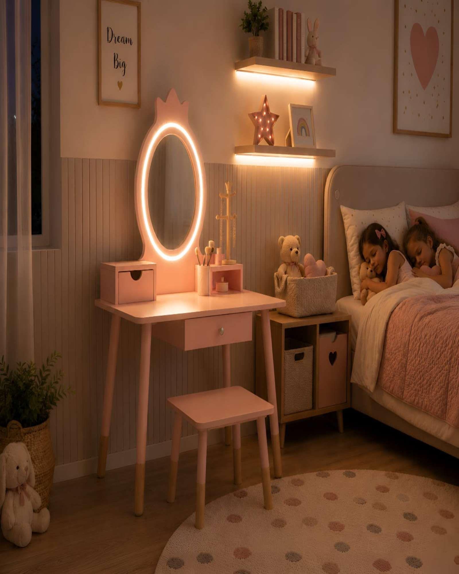 Tocador Infantil de Madera con Espejo LED y Taburete-3