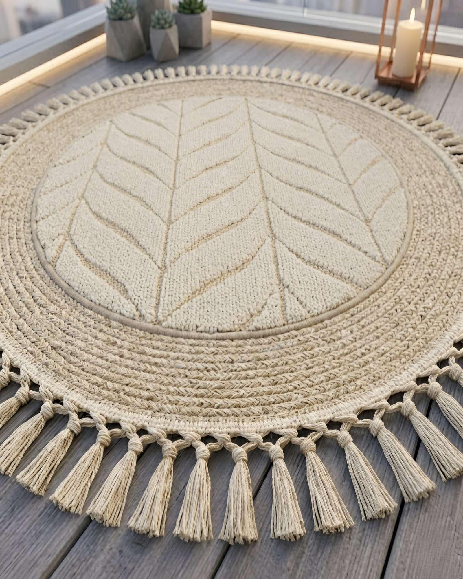 Alfombra Redonda Con Relieve Y Flecos Decorativa A2-4
