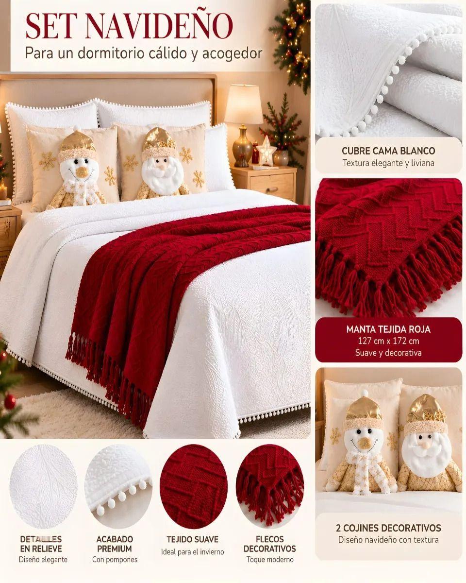 Cubrecamas Navideño Con Manta Y 2 Fundas De Cojin 1.5 Plaza m9-3