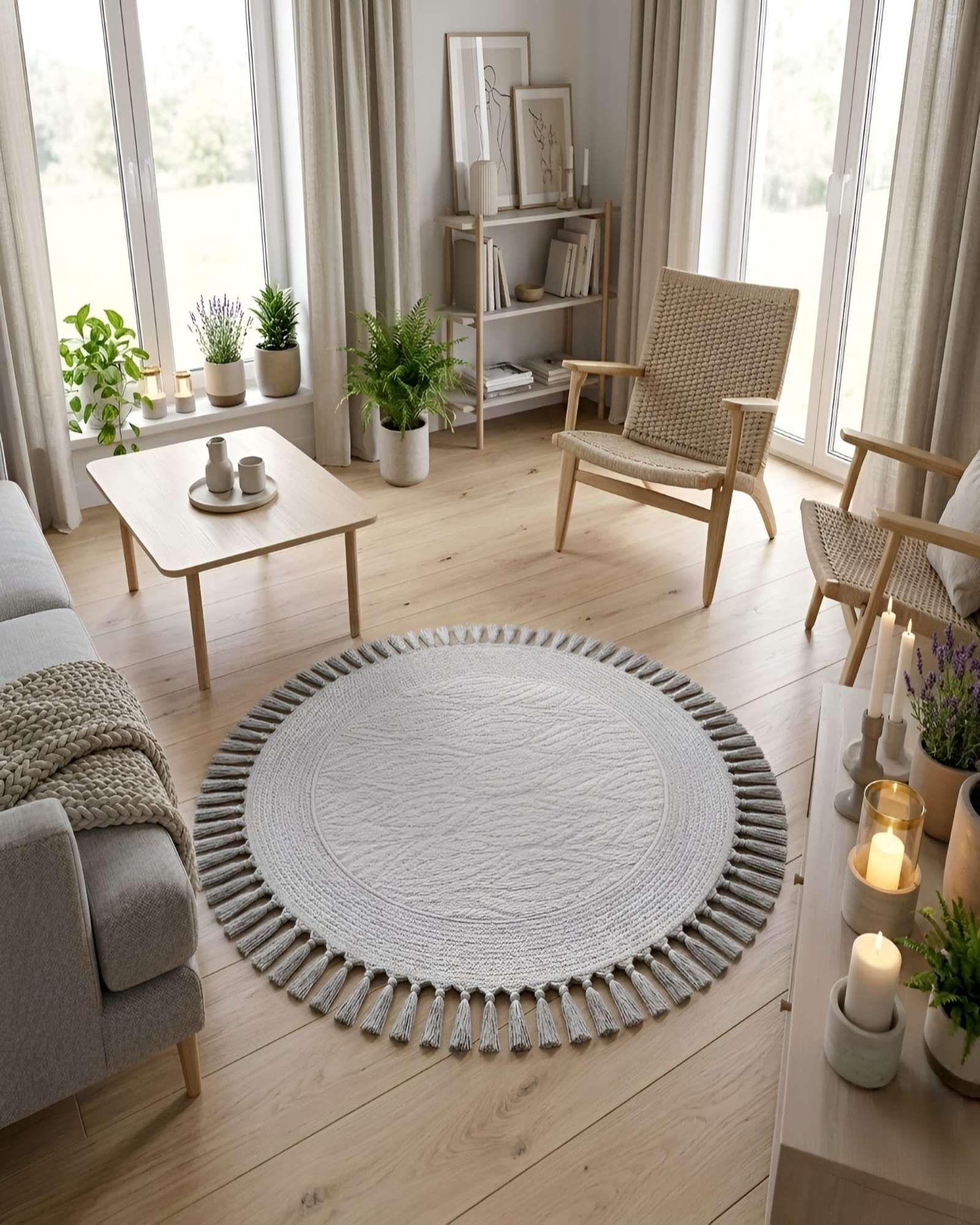 Alfombra Redonda Con Relieve Y Flecos Decorativa A3-2