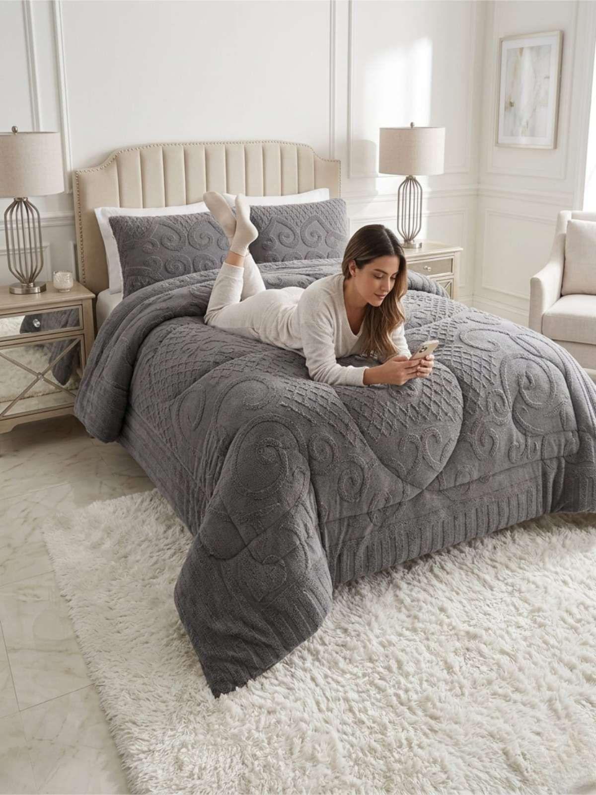 Cubrecama Plumón Jacquard Premium 2 Plazas Invierno Térmico gris-3