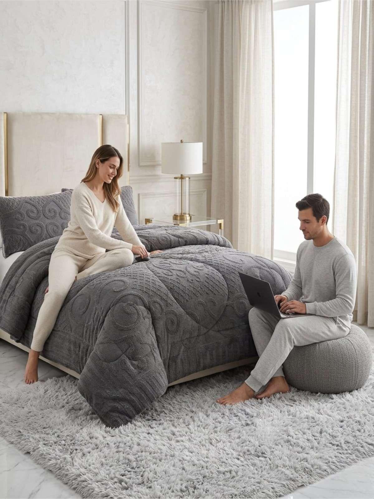 Cubrecama Plumón Jacquard Premium 2 Plazas Invierno Térmico gris-4