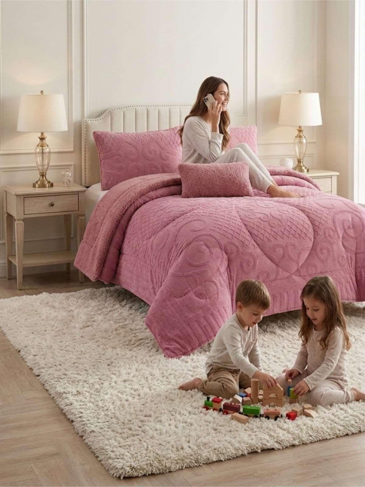 Cubrecama Plumón Jacquard Premium 2 Plazas Invierno Térmico rosa-3