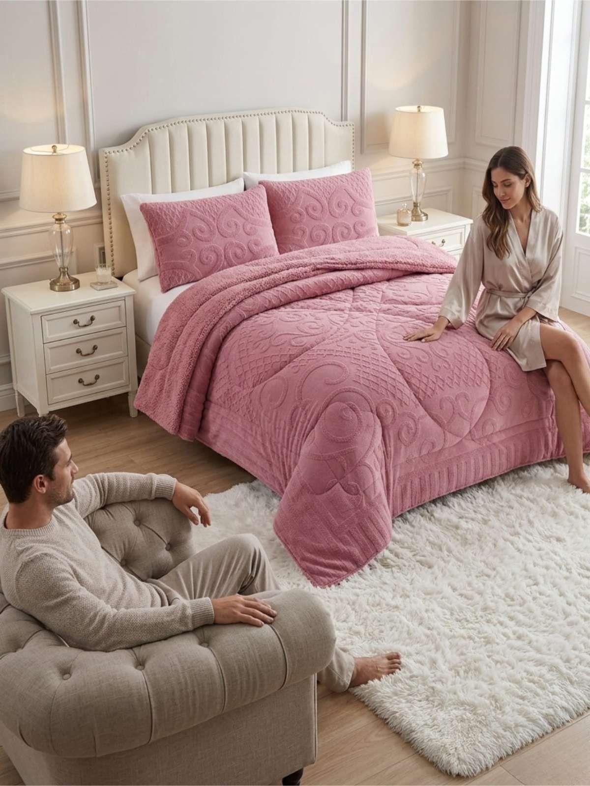 Cubrecama Plumón Jacquard Premium 2 Plazas Invierno Térmico rosa-4
