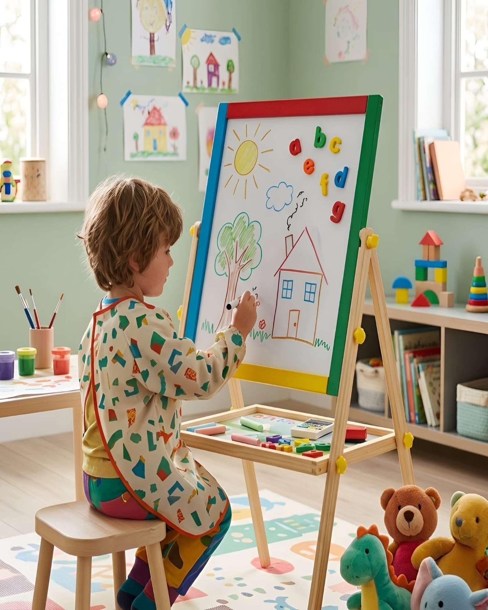 Pizarra Infantil Multiusos 3 en 1: Caballete Giratorio con Ábaco y Kit de Accesorios.-1
