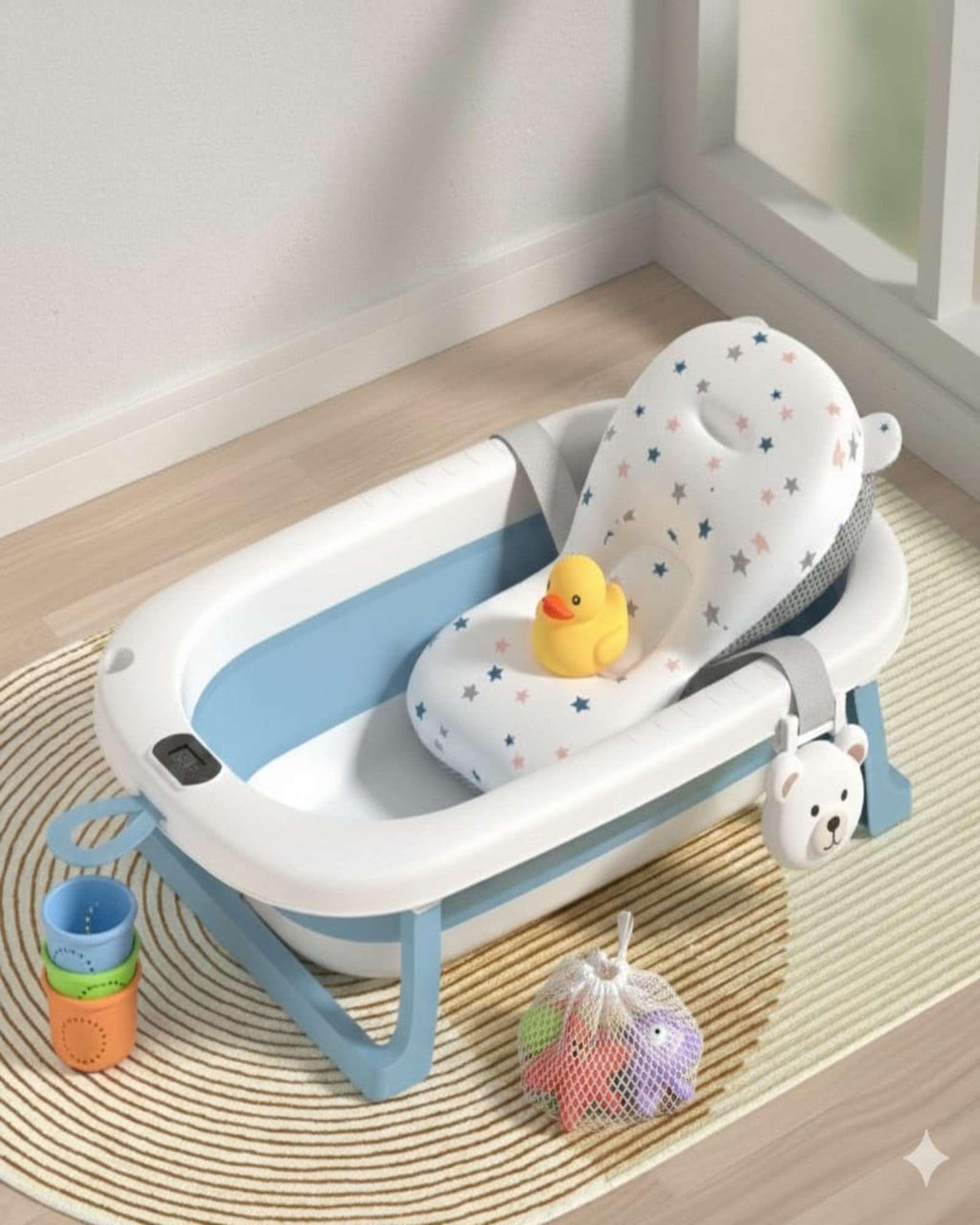 TINA BEBE BAÑERA PLEGABLE CON TERMOMETRO Y COJÍN AZUL-2