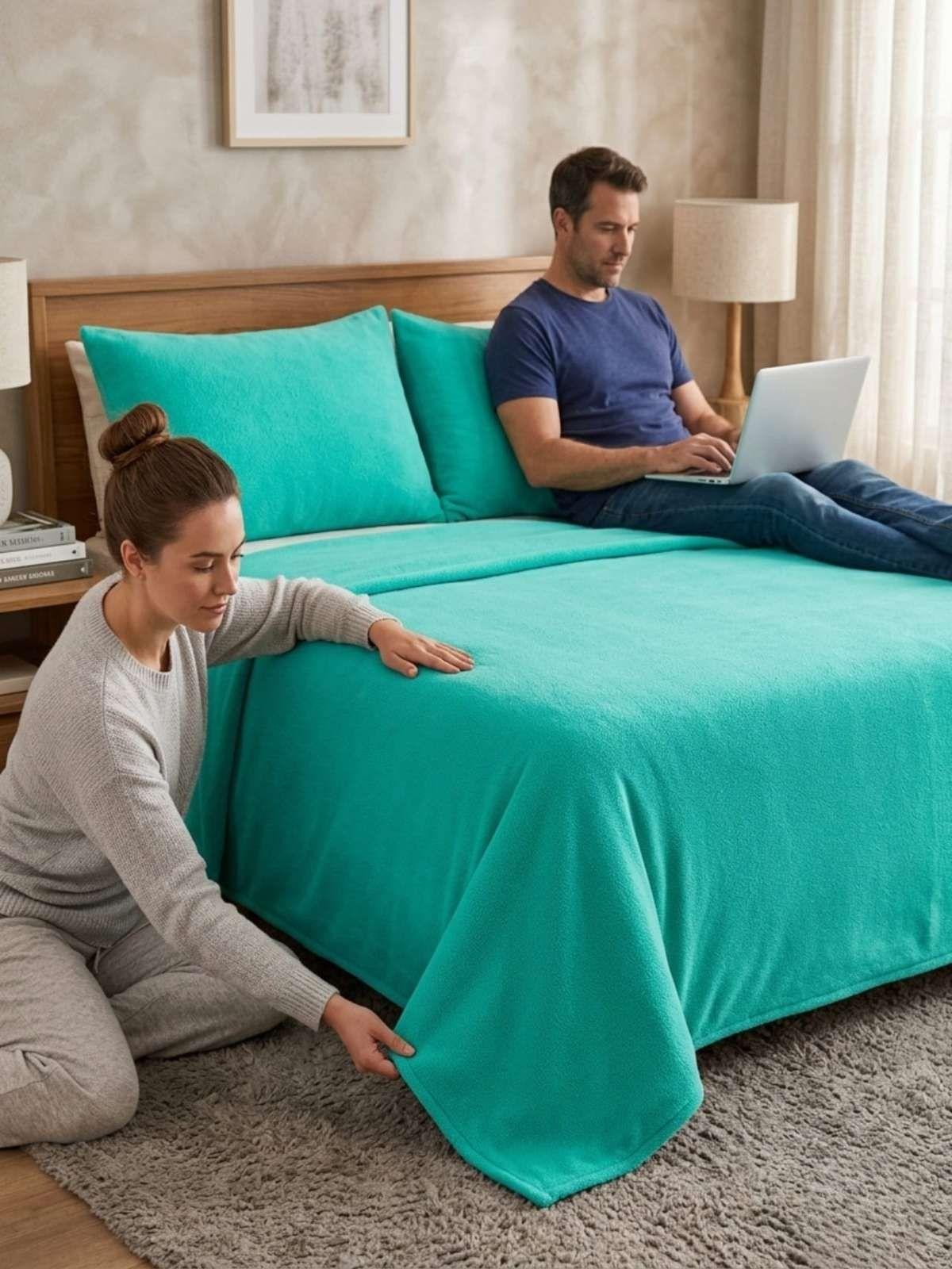 Sábanas Térmicas de polar Esponjosa King Tacto Suave color verde-1