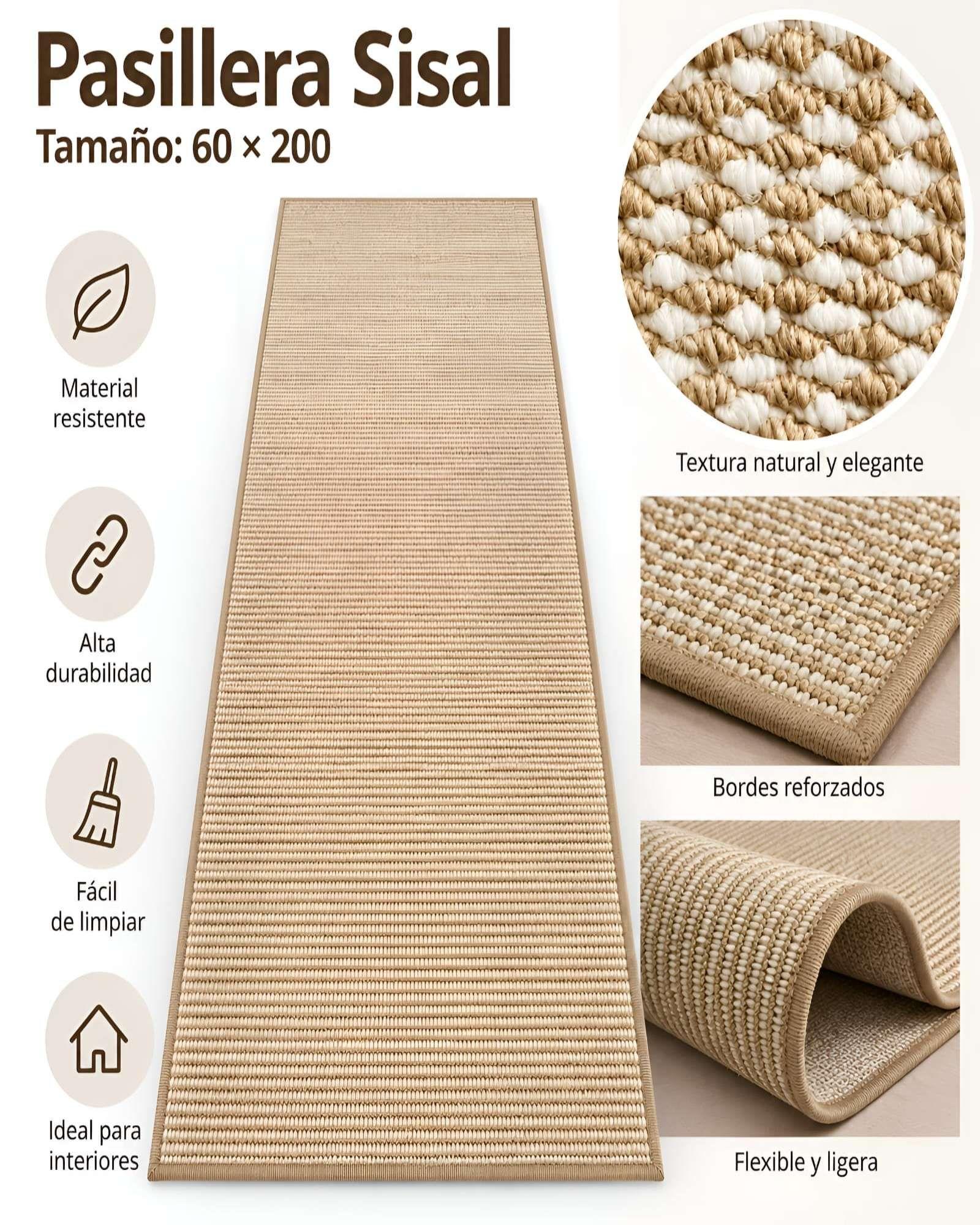 Alfombra Pasillera de Sisal Natural 60 x 200 cm | Antideslizante y Resistente 01-5