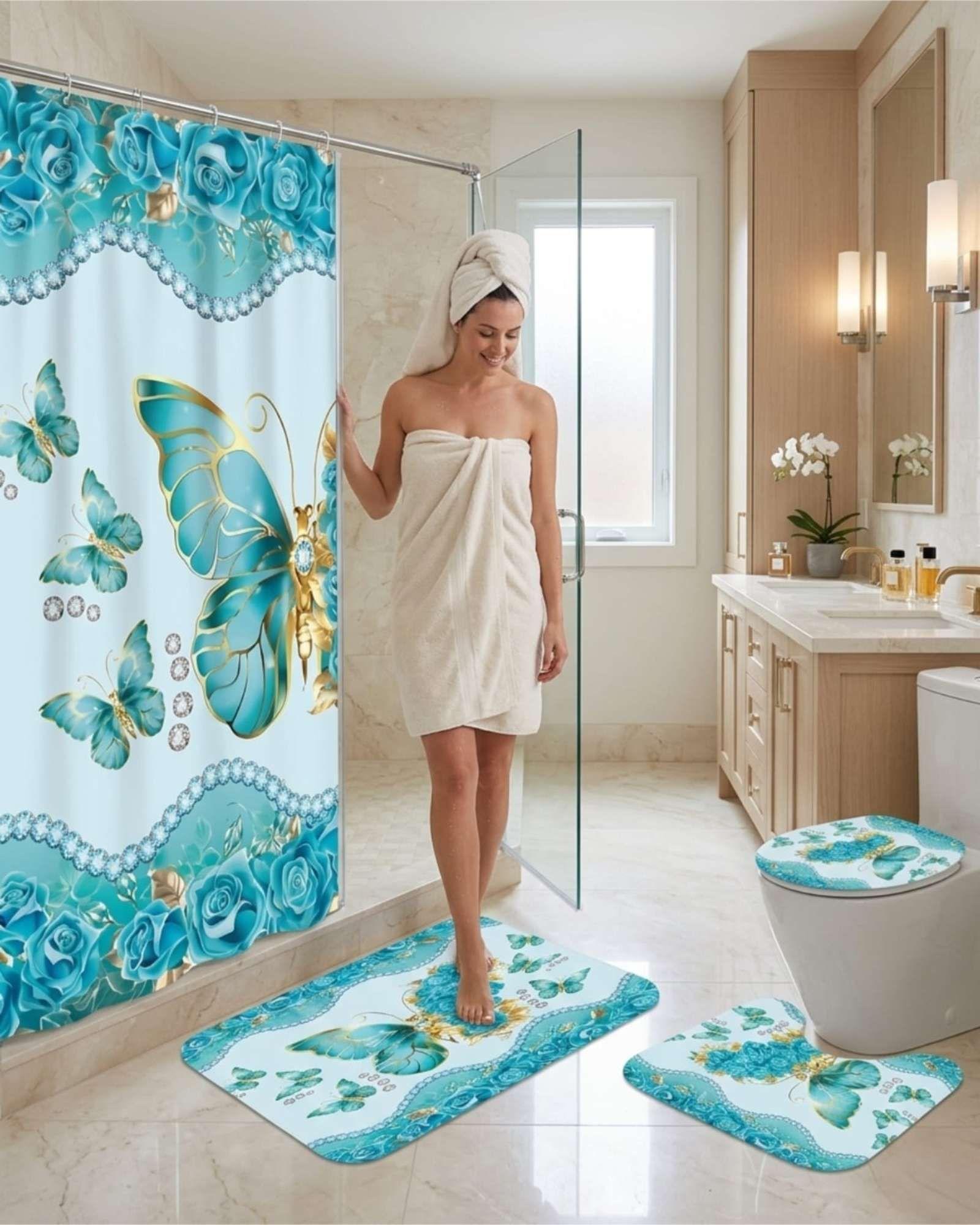 Juego De Baño 4 Piezas Cortina Mas alfombras Y Funda De Inodoro m7-3